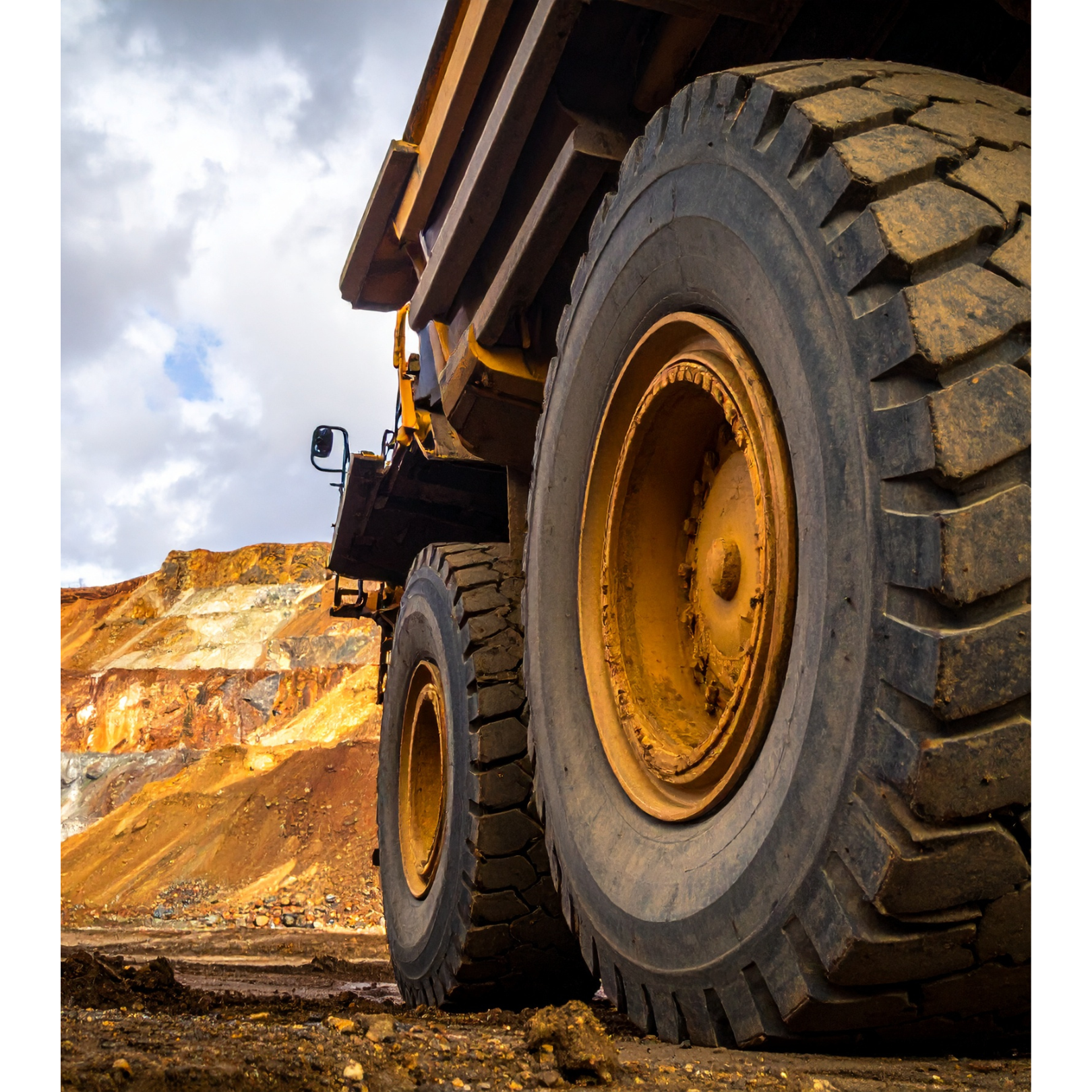 Close-up of large dump truck tires on dirt ground with a mining site in the background and cloudy sky above.
