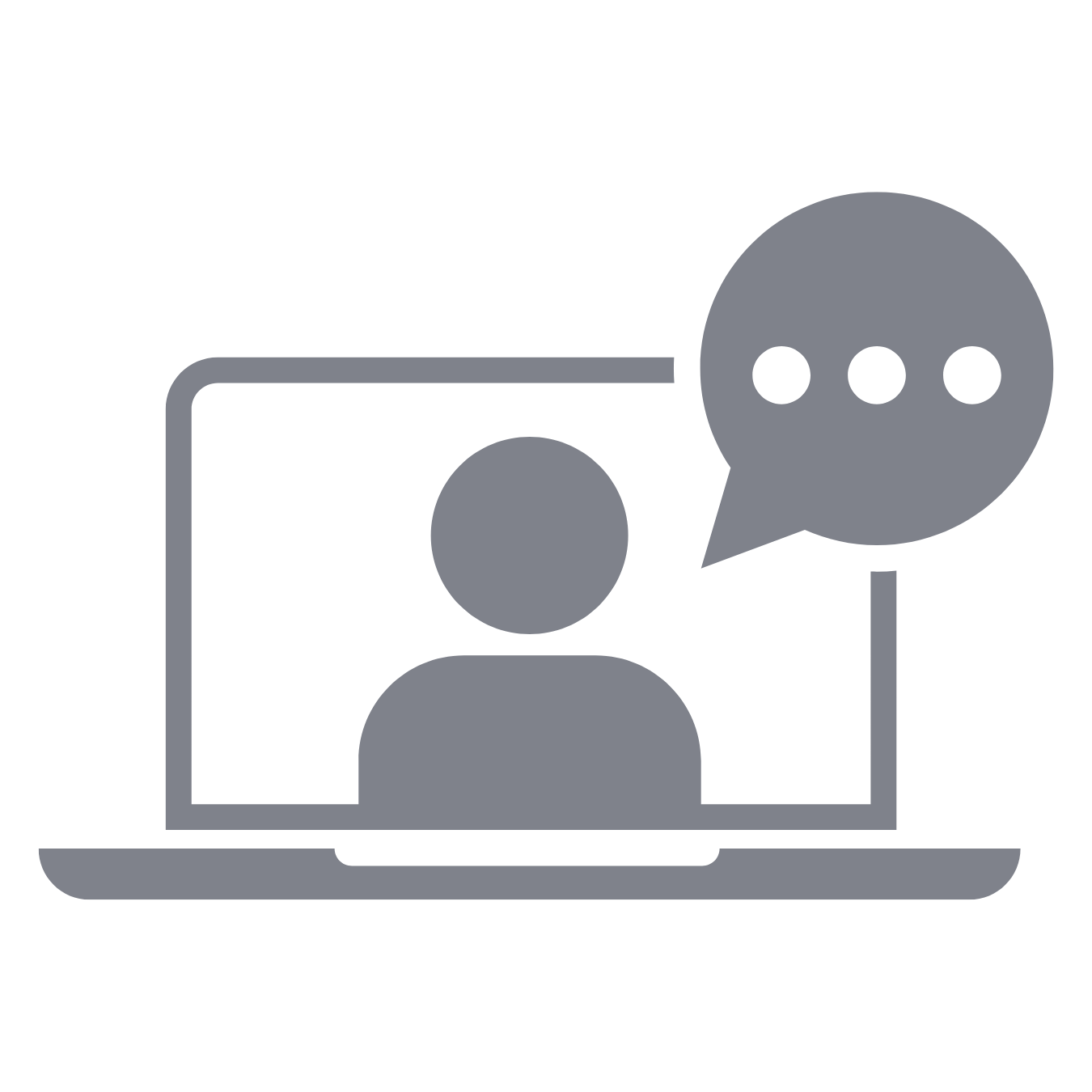 Icon of a person on a computer screen with a chat bubble indicating online learning is available from Lead With Purpose.
