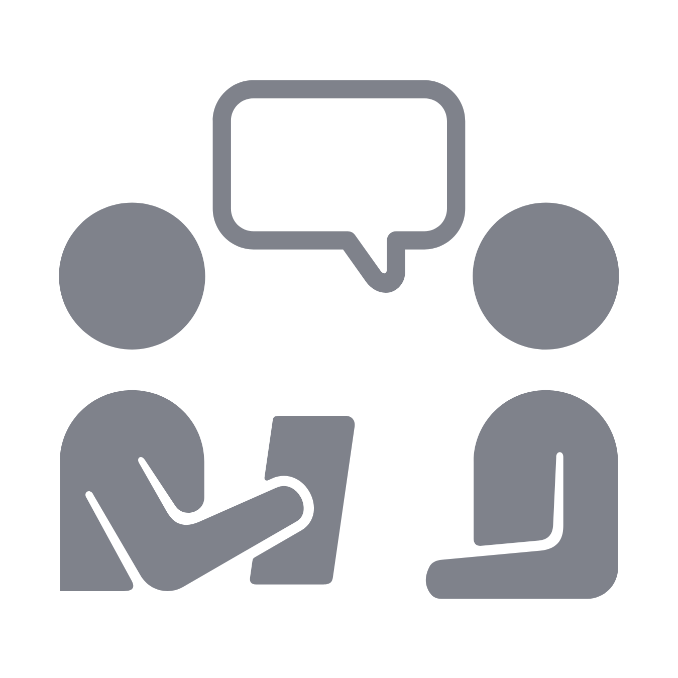 An icon drawing of two people having a conversation, with speech bubble above them indicating hybrid learning is available. A mixture of online and in-person learning with Lead With Purpose.