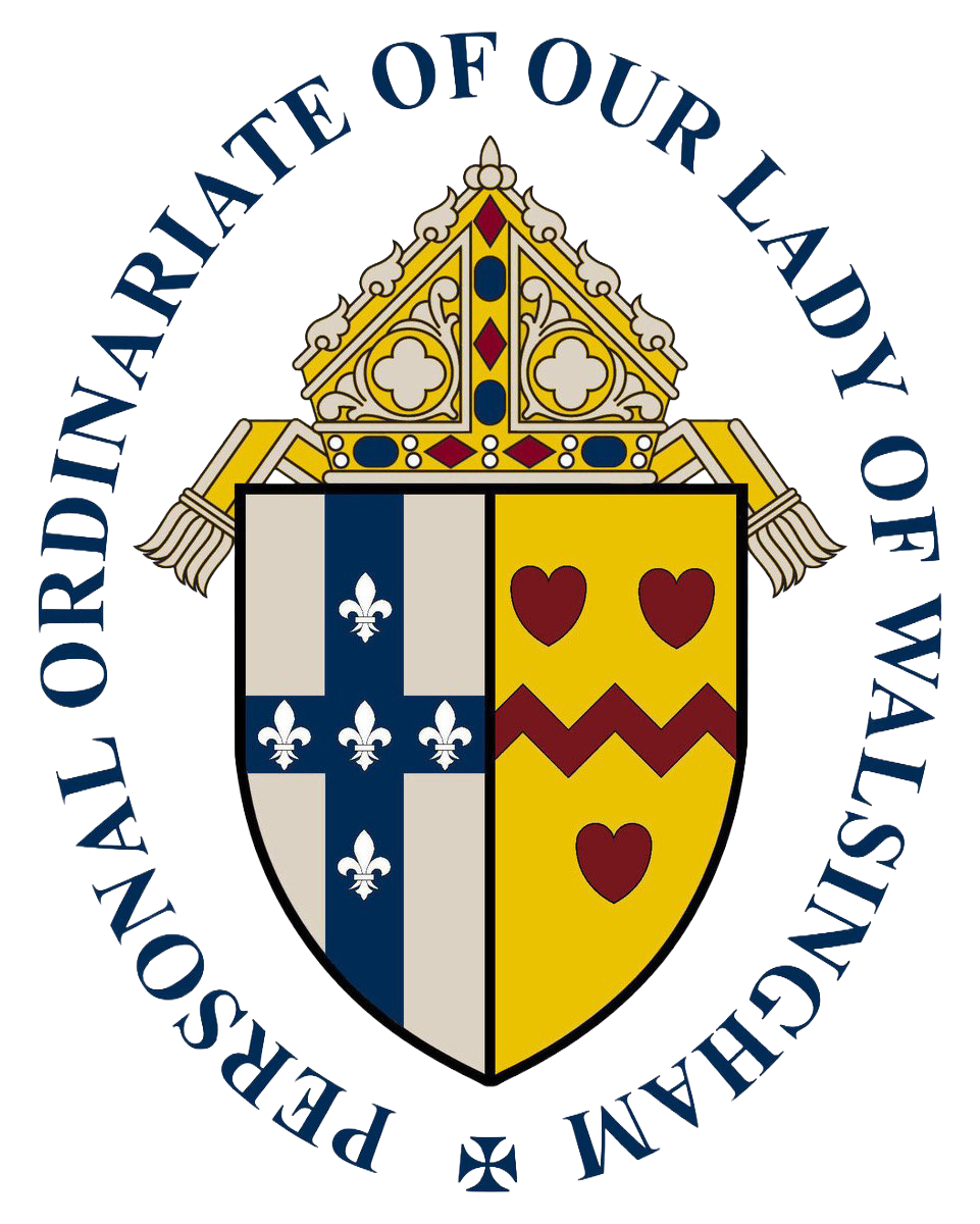 The coat of arms of the Personal Ordinariate of Our Lady of Walsingham, featuring a shield with symbols including a cross with fleur-de-lis and red hearts with a zigzag line, topped by a papal tiara and surrounded by the name of the Ordinariate.