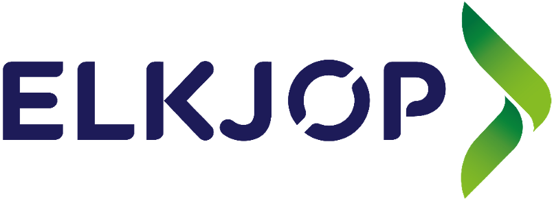 Logo with the word Elkjøp in blue letters and a green arrow design on the right