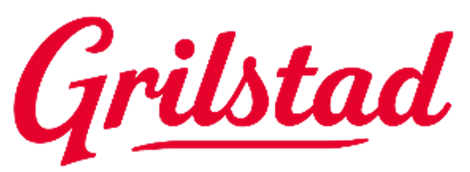 Gristad logo in red cursive font with a black background