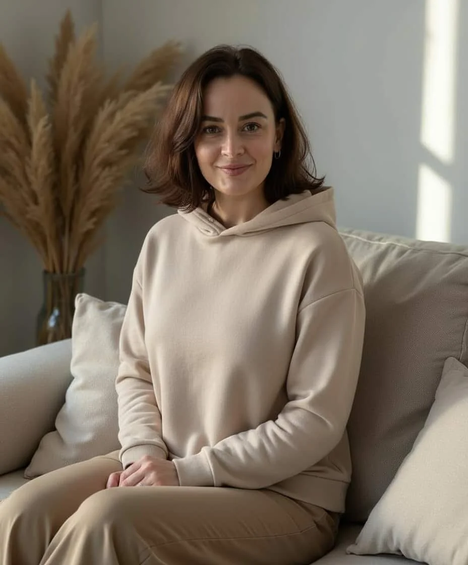A woman sitting on a beige sofa in a cozy, well-lit living room with neutral tones and dried pampas grass in a vase behind her.