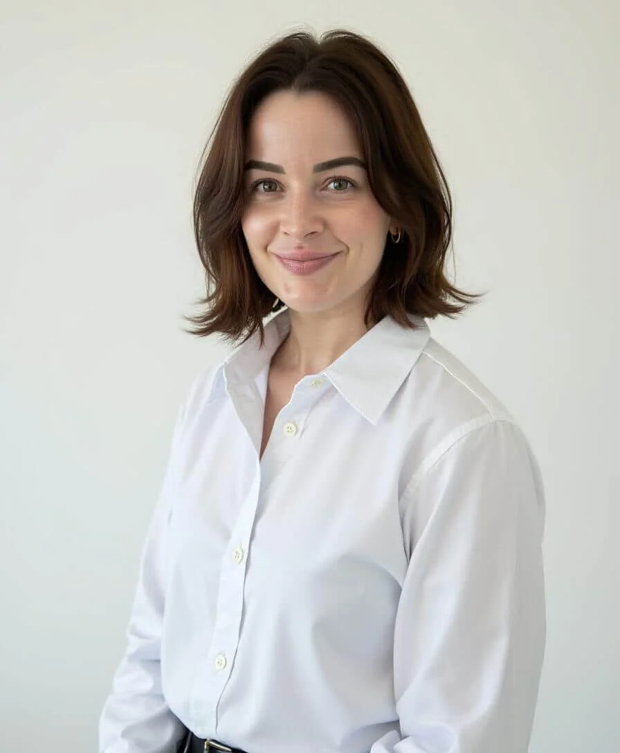A woman with shoulder-length brown hair, wearing a white button-up shirt, smiling at the camera against a plain light-colored background.