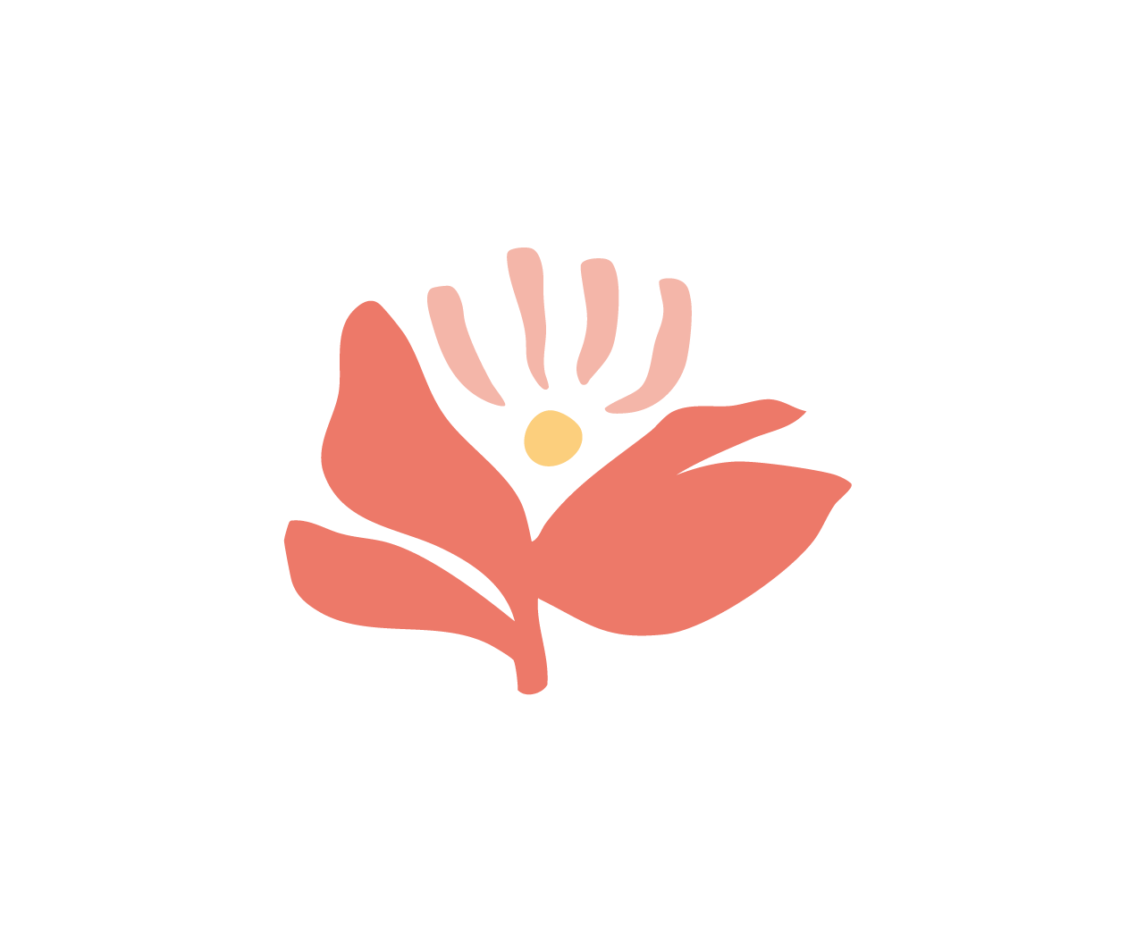 Abstract illustration of a flower with large coral-colored petals, pale pink stamens, and a yellow center.