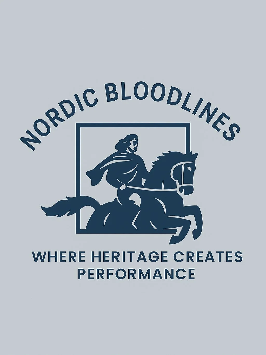Logo with a silhouette of a woman riding a horse inside a square, with the text 'Nordic Bloodlines' above and 'Where Heritage Creates Performance' below.