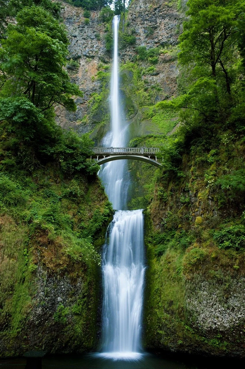 Waterfall flowing through a forest canyon symbolising active transits and life movement.