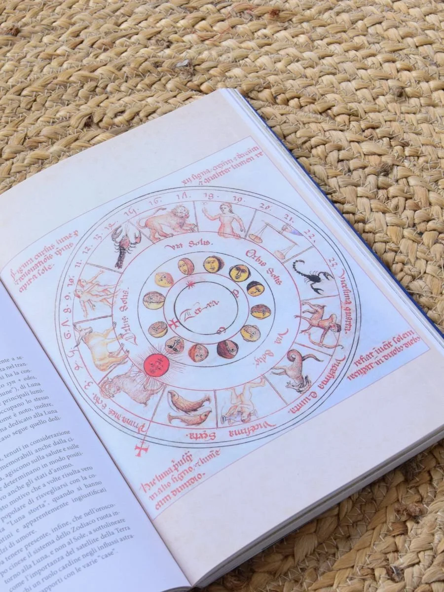 Open astrology book showing a zodiac wheel, symbolising planetary transits and the study of astrological timing.
