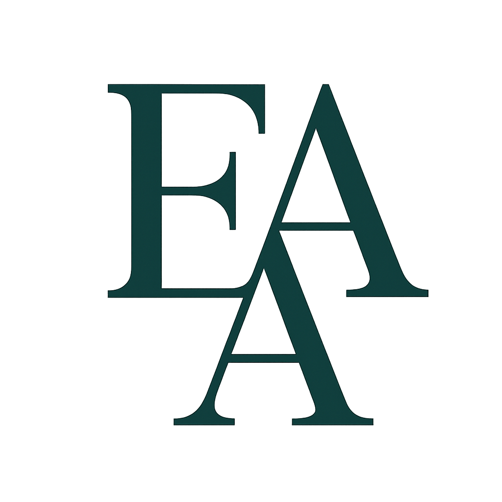 Stylized overlapping letters 'E', 'A', and 'A' in dark teal color.