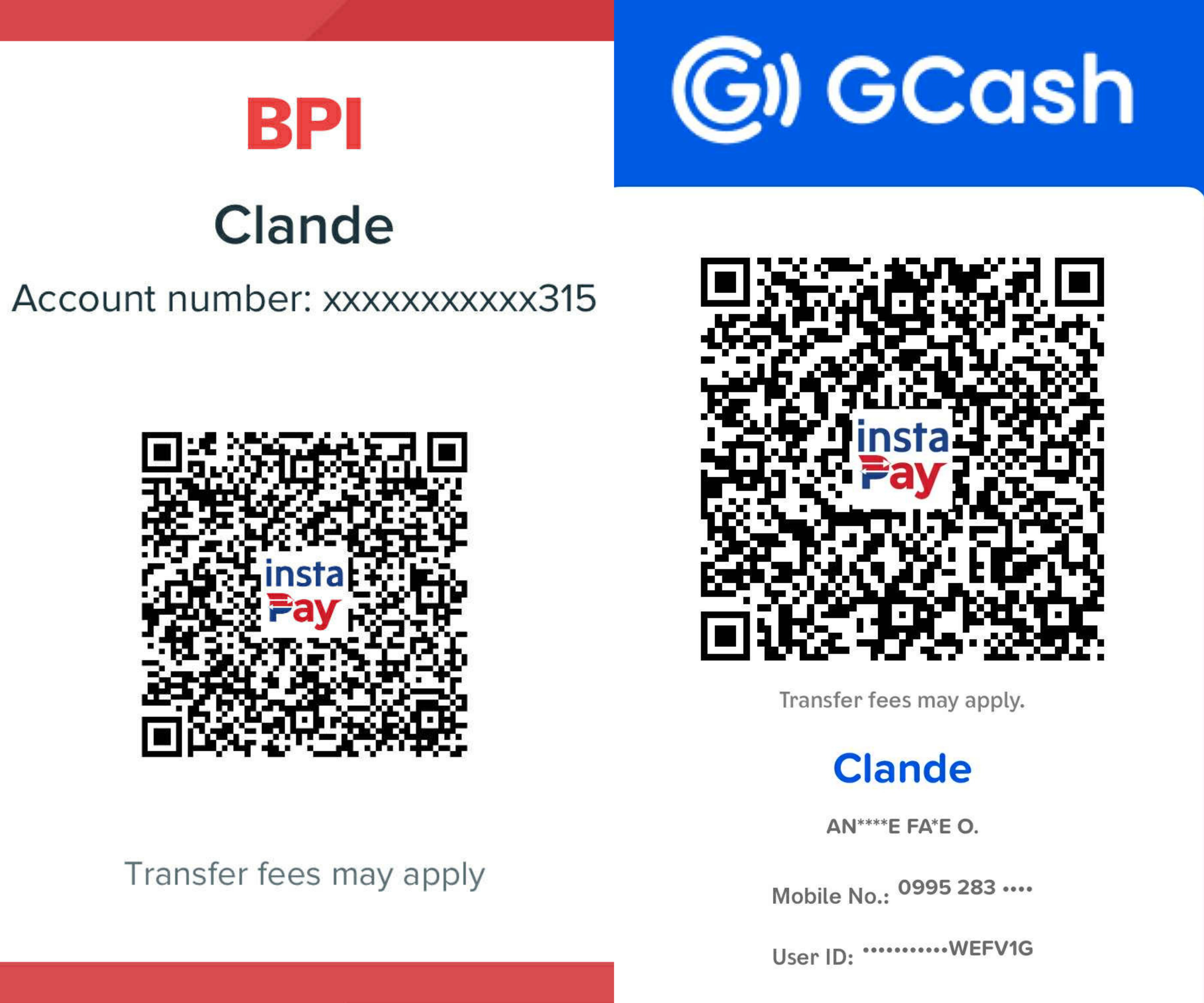 Payment money transfer options showing GCash and BPI bank transfer details, including QR codes and account information.