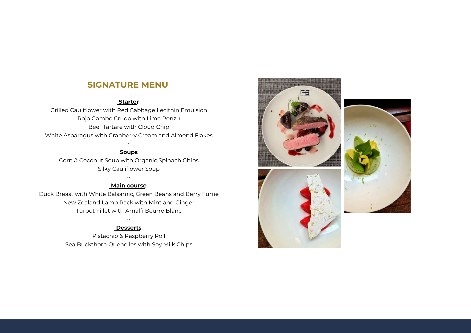Three plated dishes on a white menu slide with gold and black text listing a signature menu. The dishes include slices of beef with sauce, a green spherical appetizer with herbs, and a layered dessert with strawberry and white chocolate.