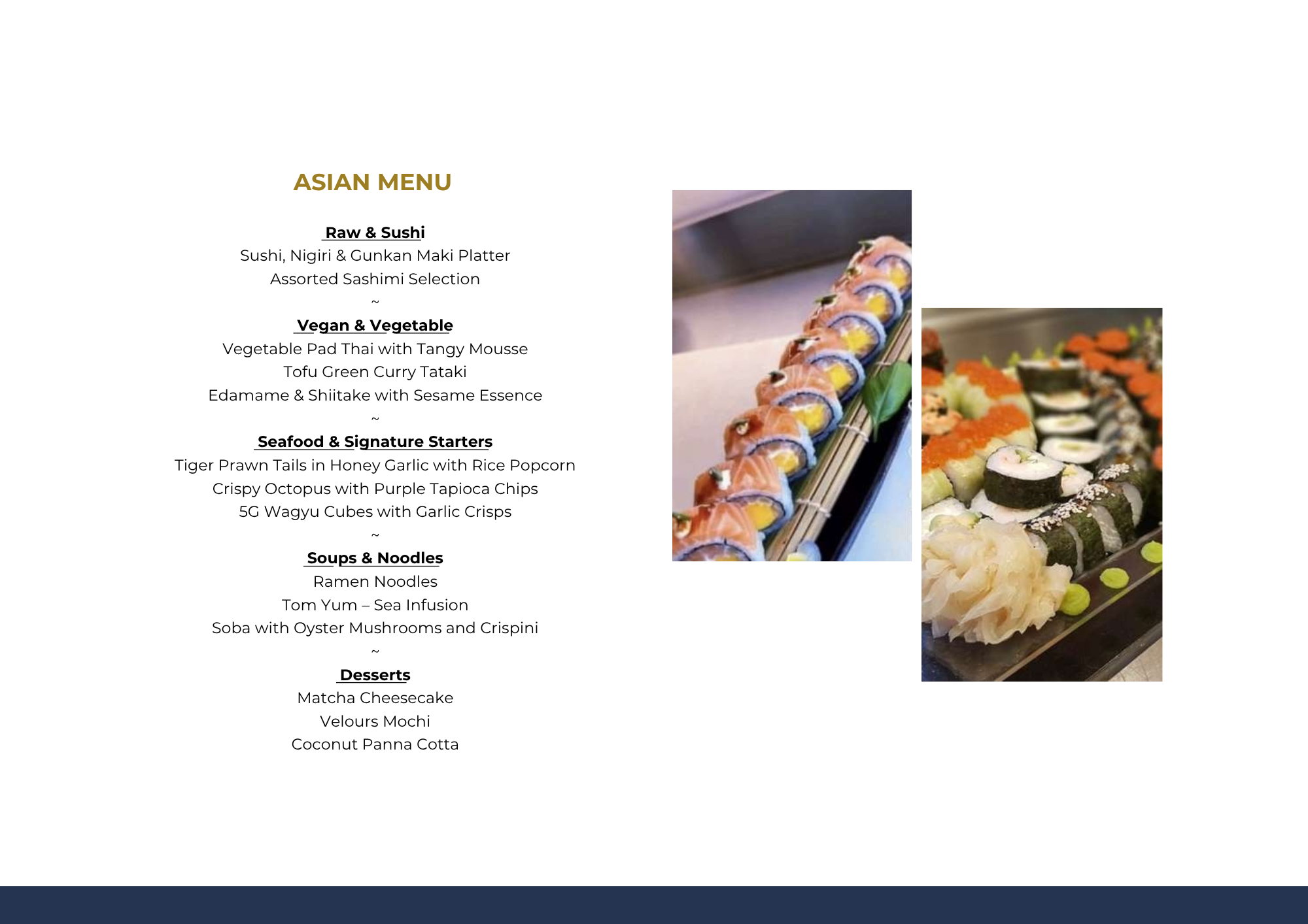 A menu list titled 'Asian Menu' with various food categories and dishes, accompanied by two photos of sushi rolls on the right side.