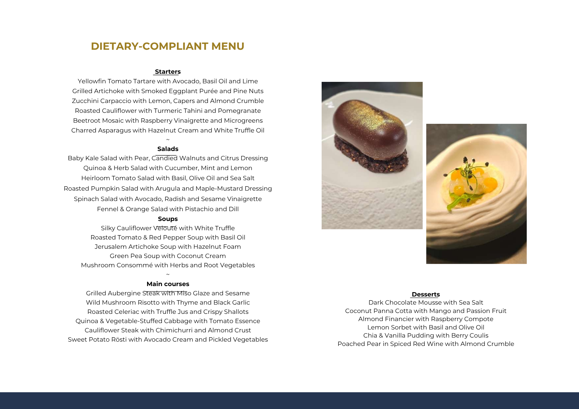 A menu titled 'Dietary-Compliant Menu' with images of gourmet desserts on the right side. The menu includes sections for Starters, Salads, Soups, Main courses, and Desserts, each listing various dishes.