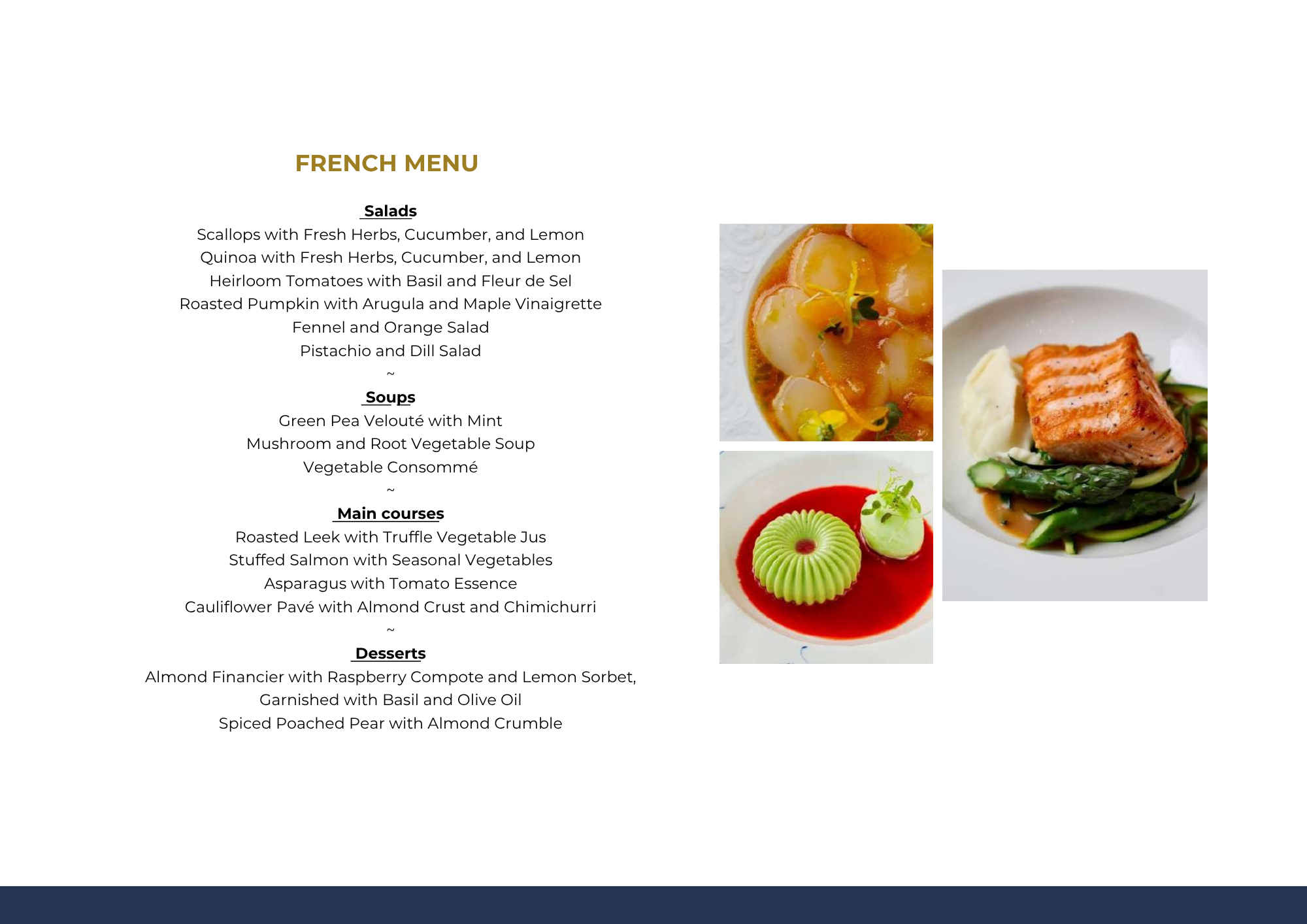 French menu featuring salads, soups, main courses, and desserts with accompanying images of soups, a plated salmon dish, and a green dessert.