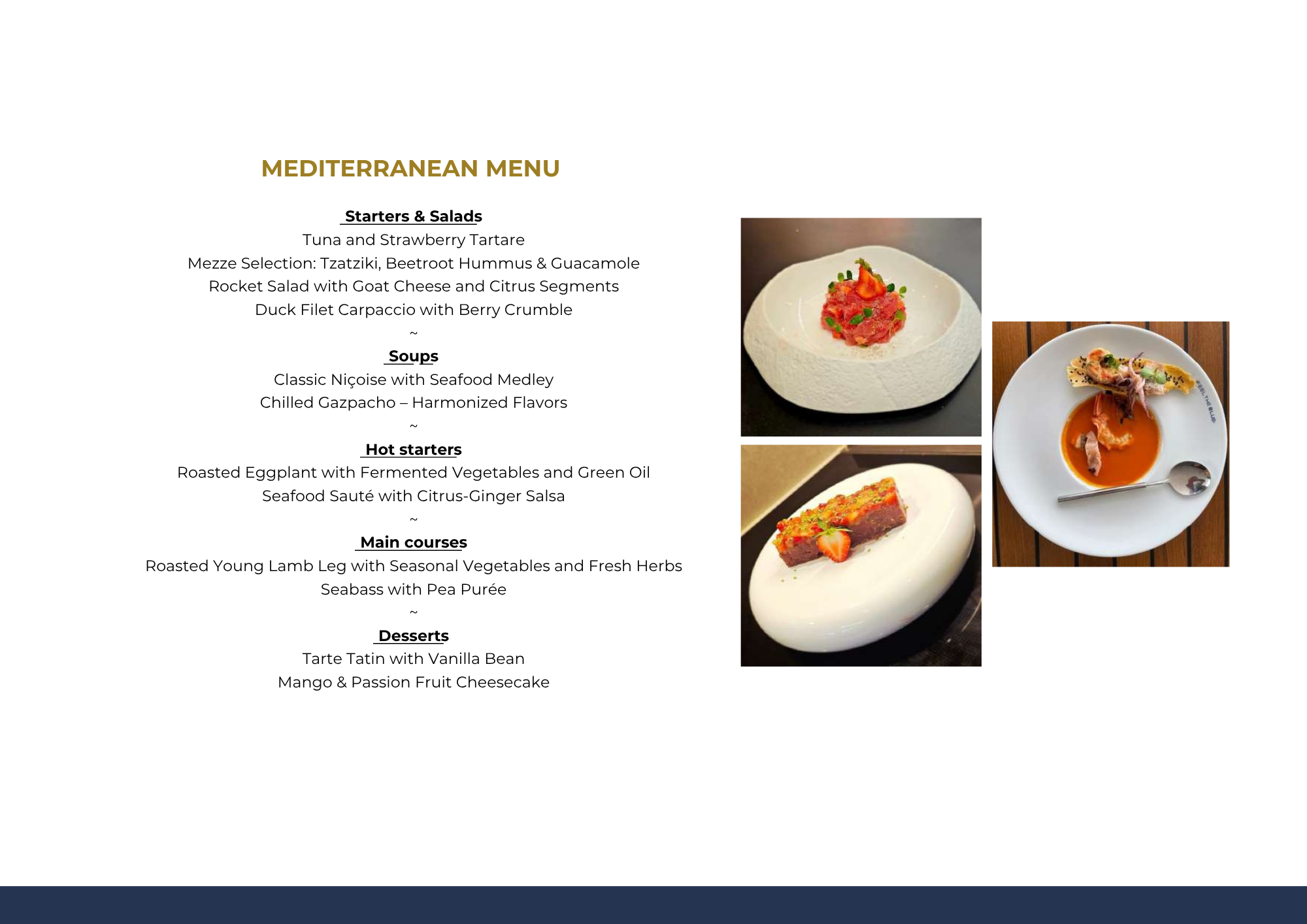 Mediterranean menu with images of three dishes: a creamy white appetizer topped with red and green garnishes, an orange soup with a garnish, and a dessert with strawberries and red and green toppings.
