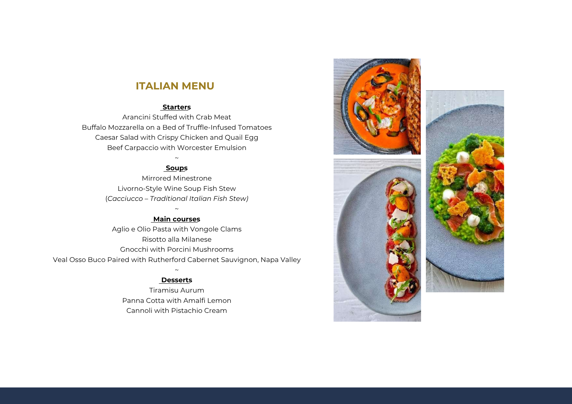 Italian menu with sections for Starters, Soups, Main courses, and Desserts, alongside three plates of Italian food dishes on gray plates.