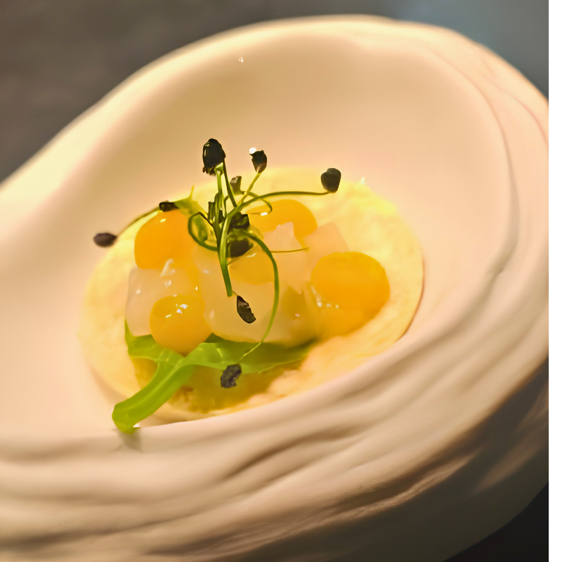 Seared fish fillet with roasted vegetables and microgreens served on a plate with orange sauce dots.