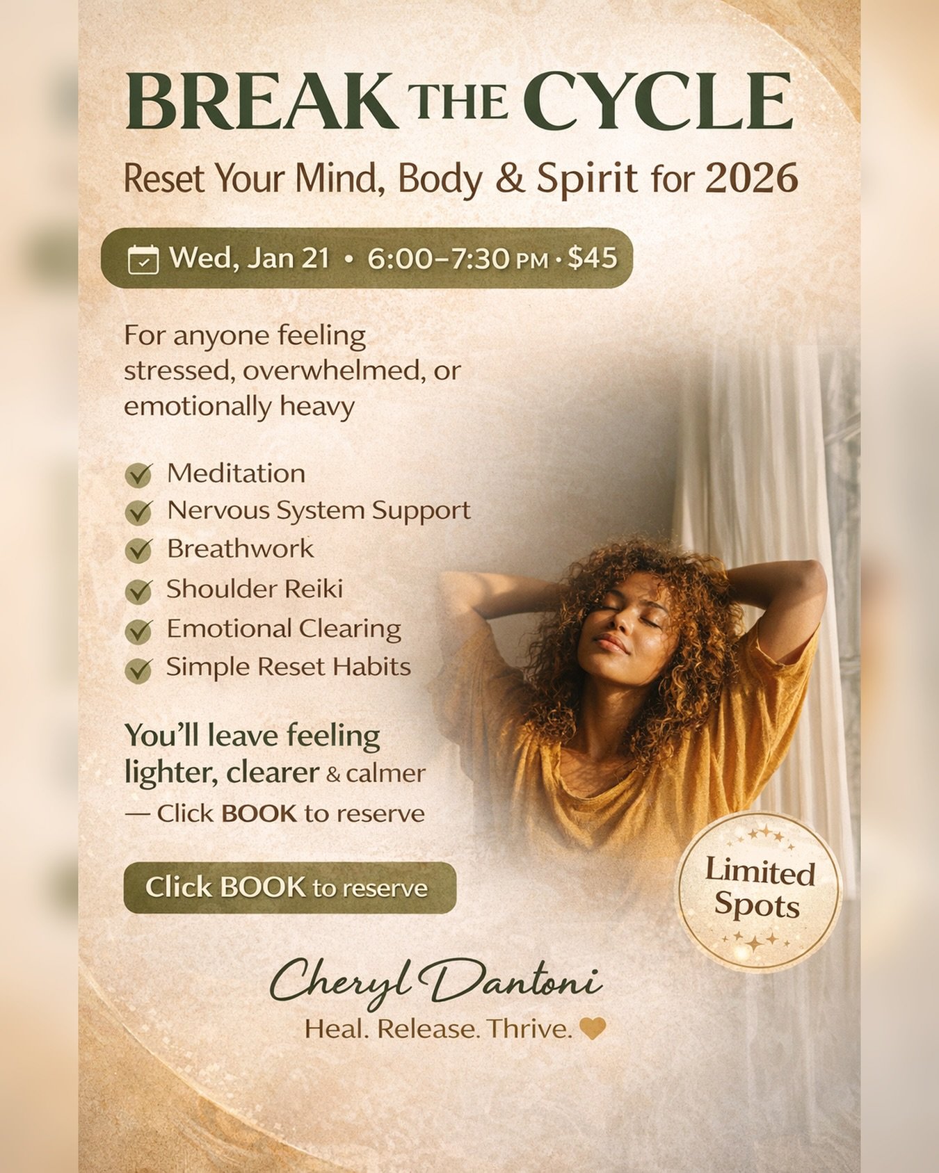 If you&rsquo;ve been feeling stressed, overwhelmed, or emotionally heavy, this is your reset.
Break the Cycle: Reset Your Mind, Body &amp; Spirit for 2026 is a 90-minute workshop designed to help you calm your nervous system, release tension, and lea