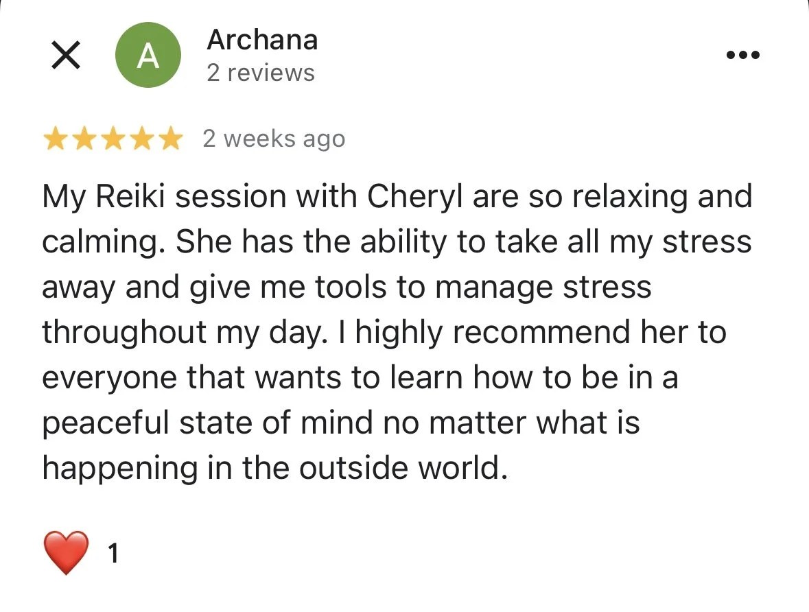 Reiki session review with five-star rating, woman describes feeling relaxed and stress relief, personal testimonial about Cheryl's calming abilities.