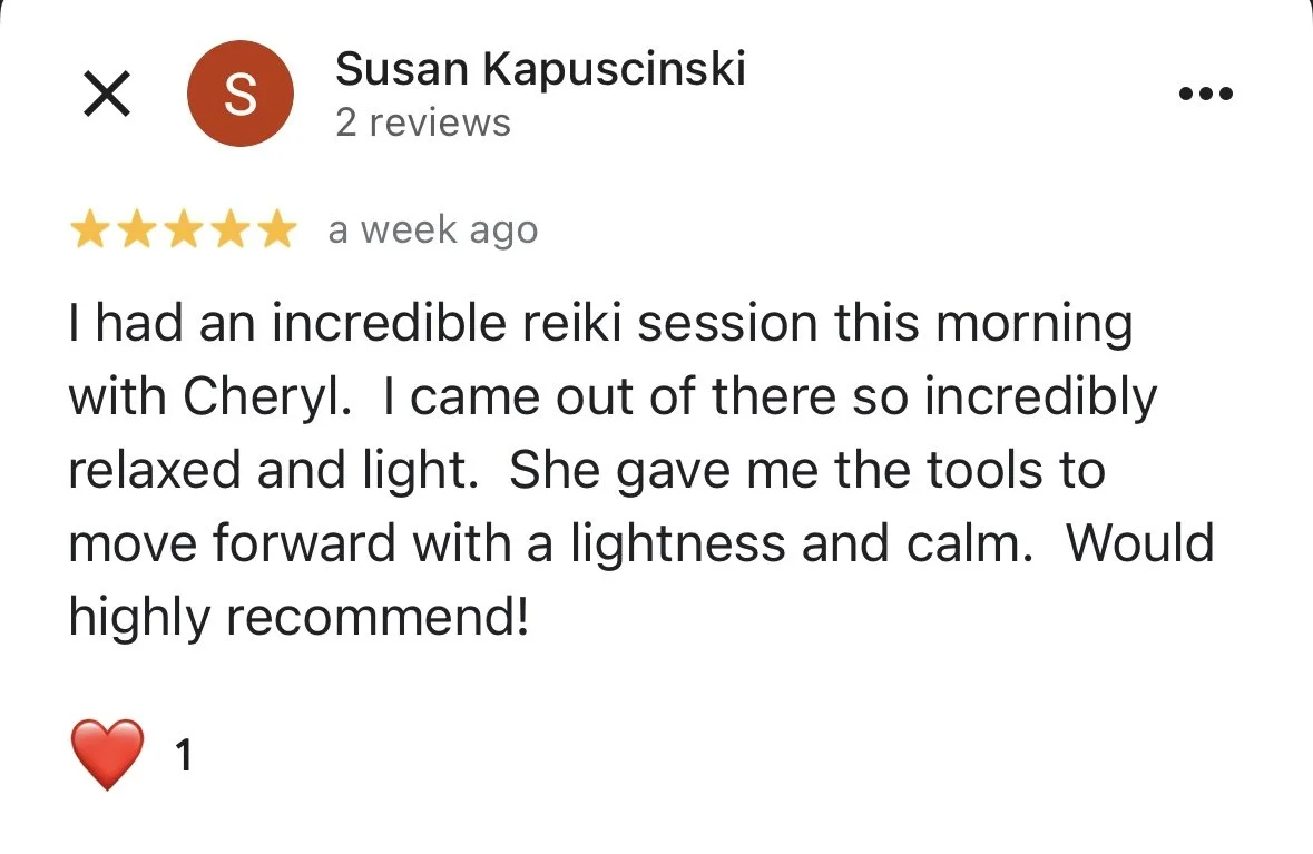 Screenshot of a 5-star review by Susan Kapuscinski for a Reiki session with Cheryl, expressing relaxation and calmness, with one heart reaction.