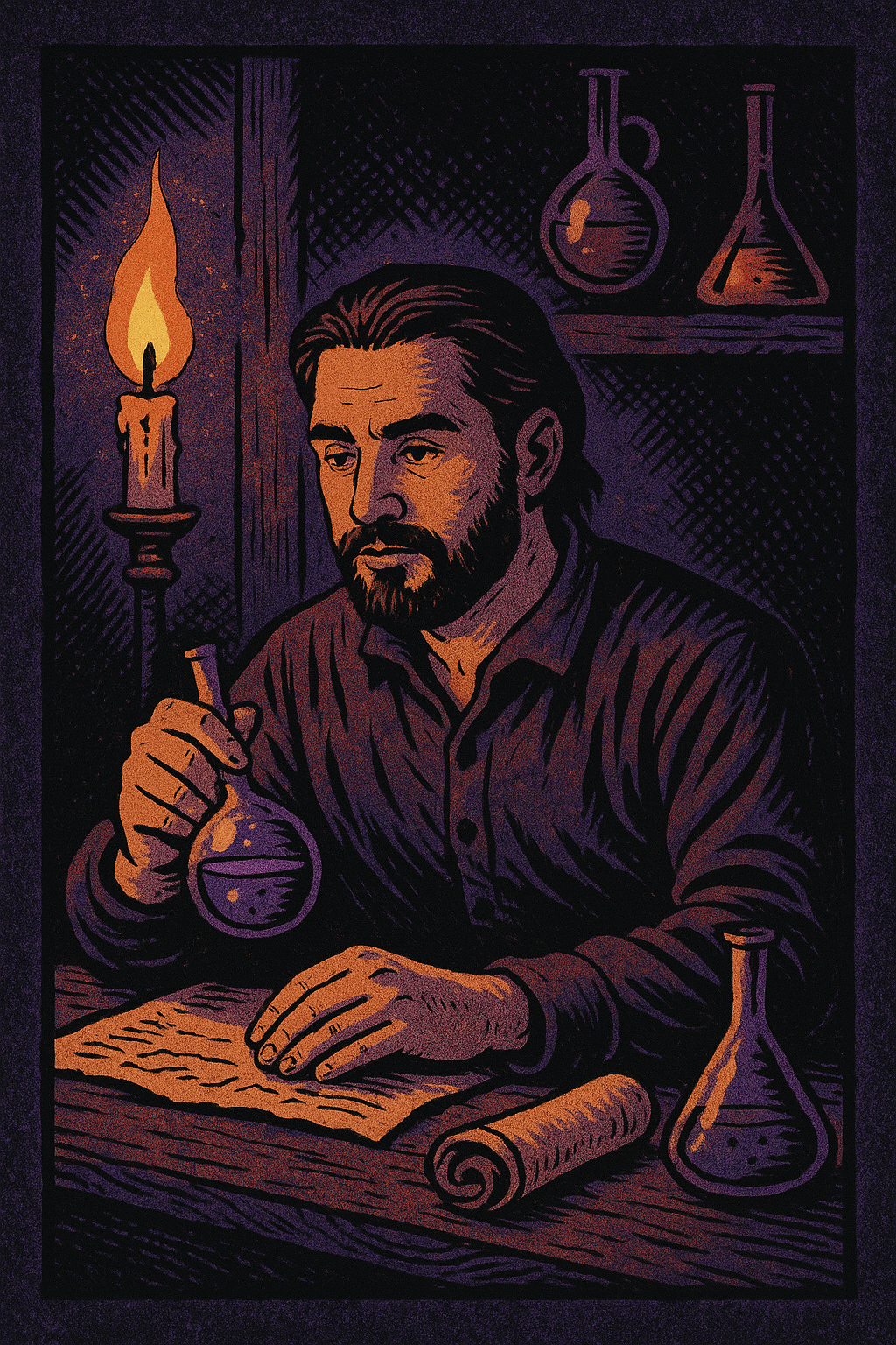 Illustration of a man with a beard, sitting at a table with a scroll, paper, and laboratory glassware. He holds a test tube in one hand and a pen in the other. A lit candle provides light, and shelves with flasks are in the background.