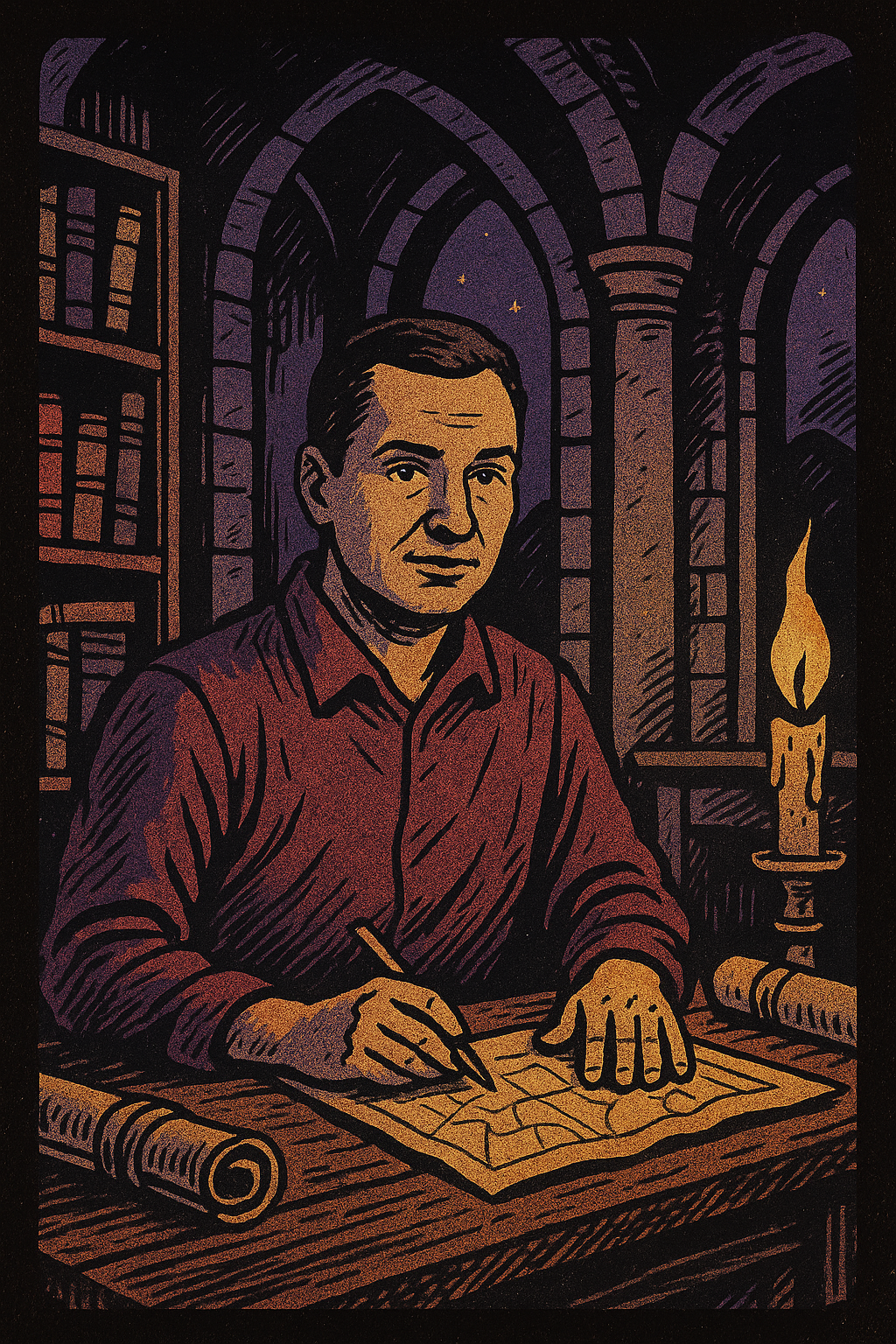 A man sitting at a desk with a pencil, drawing a map. The background shows a library with bookshelves, arched windows, and a lit candle on a candlestick.