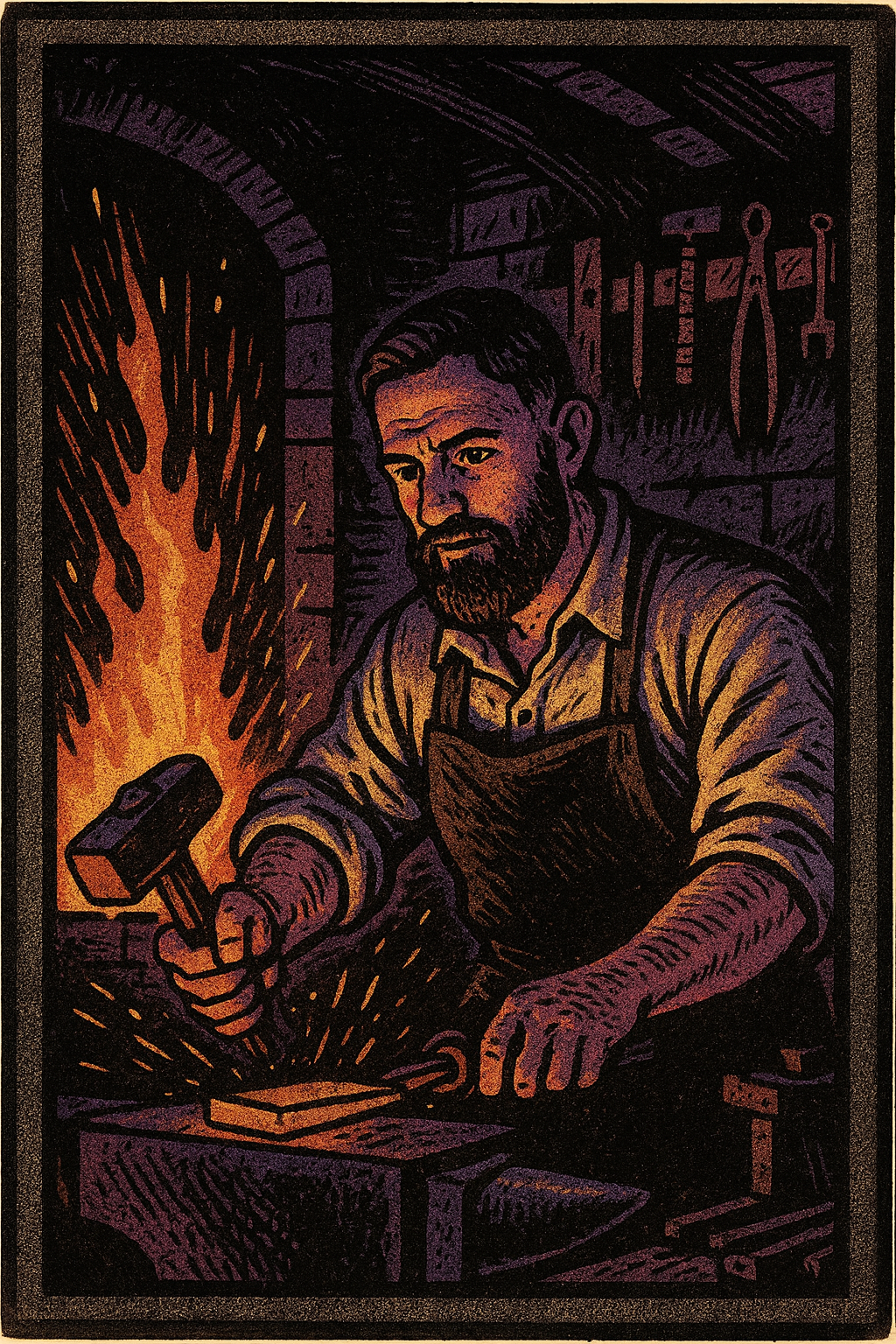 Vintage-style illustration of a blacksmith in a workshop, forging metal with a hammer, a large fire burning nearby, and tools hanging on the wall behind him.