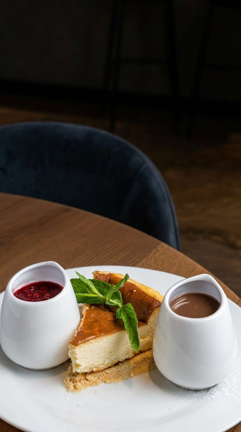 A slice of cheesecake with raspberry sauce and a mint garnish, served with chocolate and caramel sauces in white ramekins on a white plate.