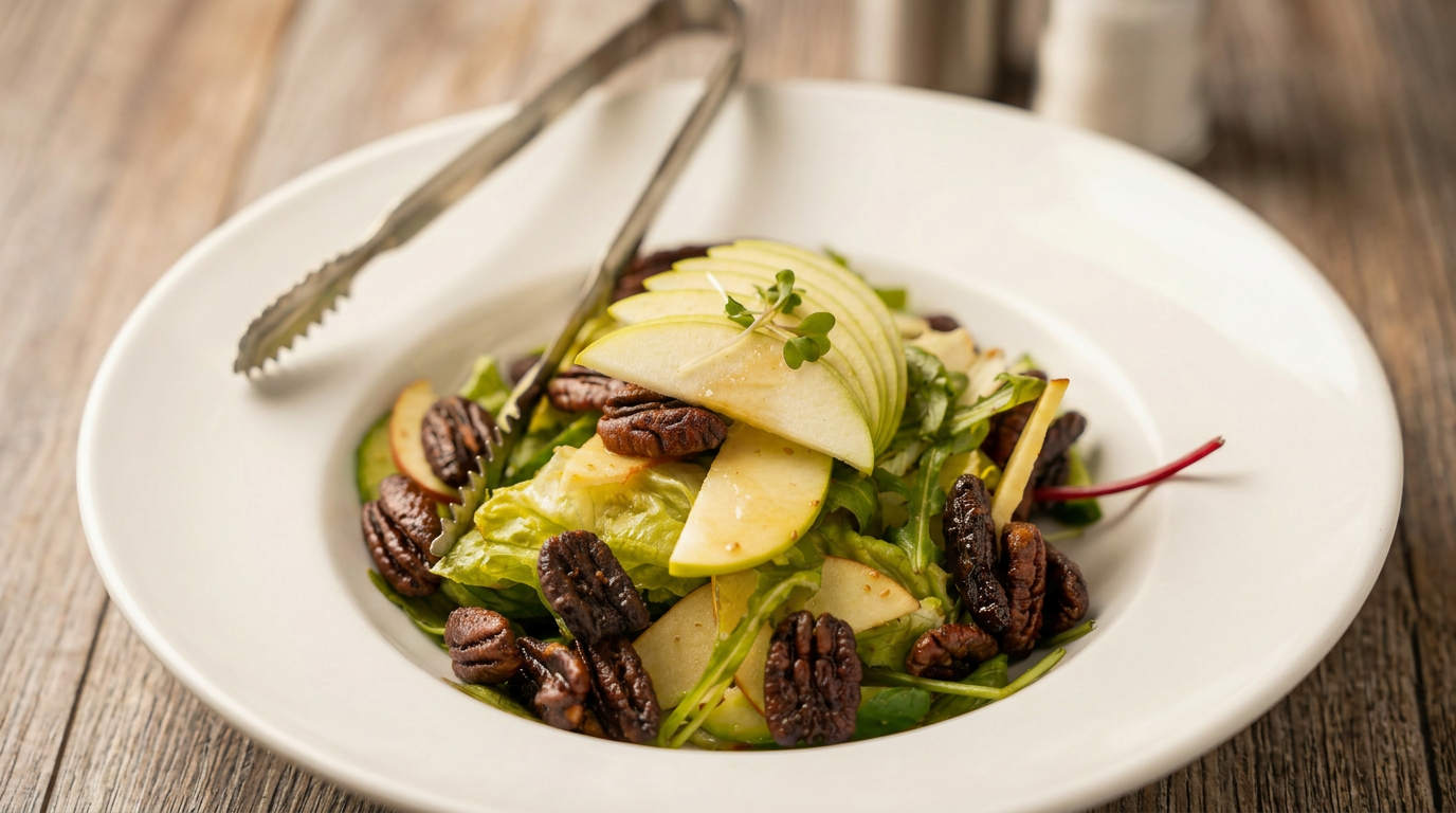Salad with sliced apples, pecans, and mixed greens on a white plate with tongs.