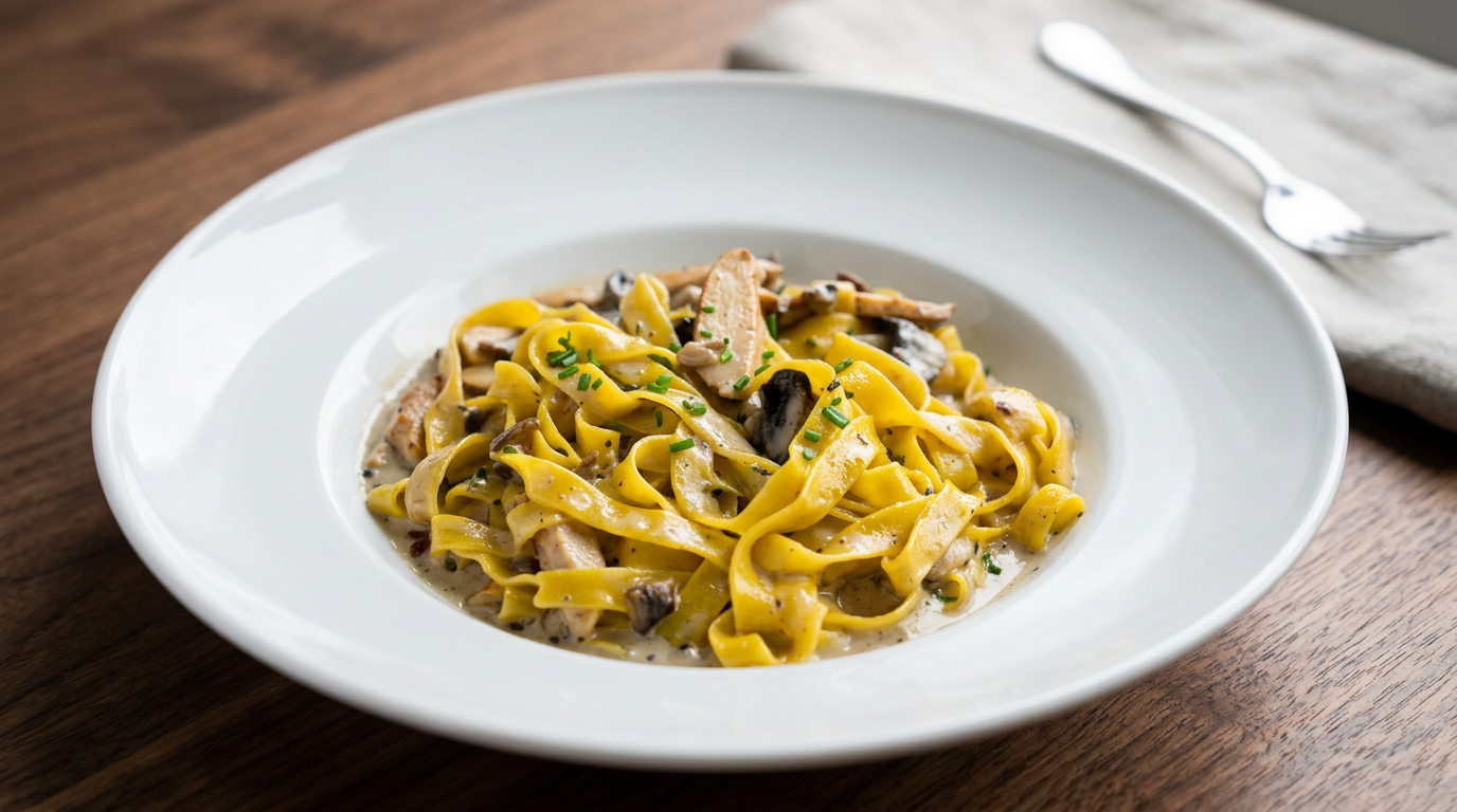 A white plate of fettuccine pasta with mushroom cream sauce and chopped chives on top, served on a wooden table with a fork and napkin nearby.