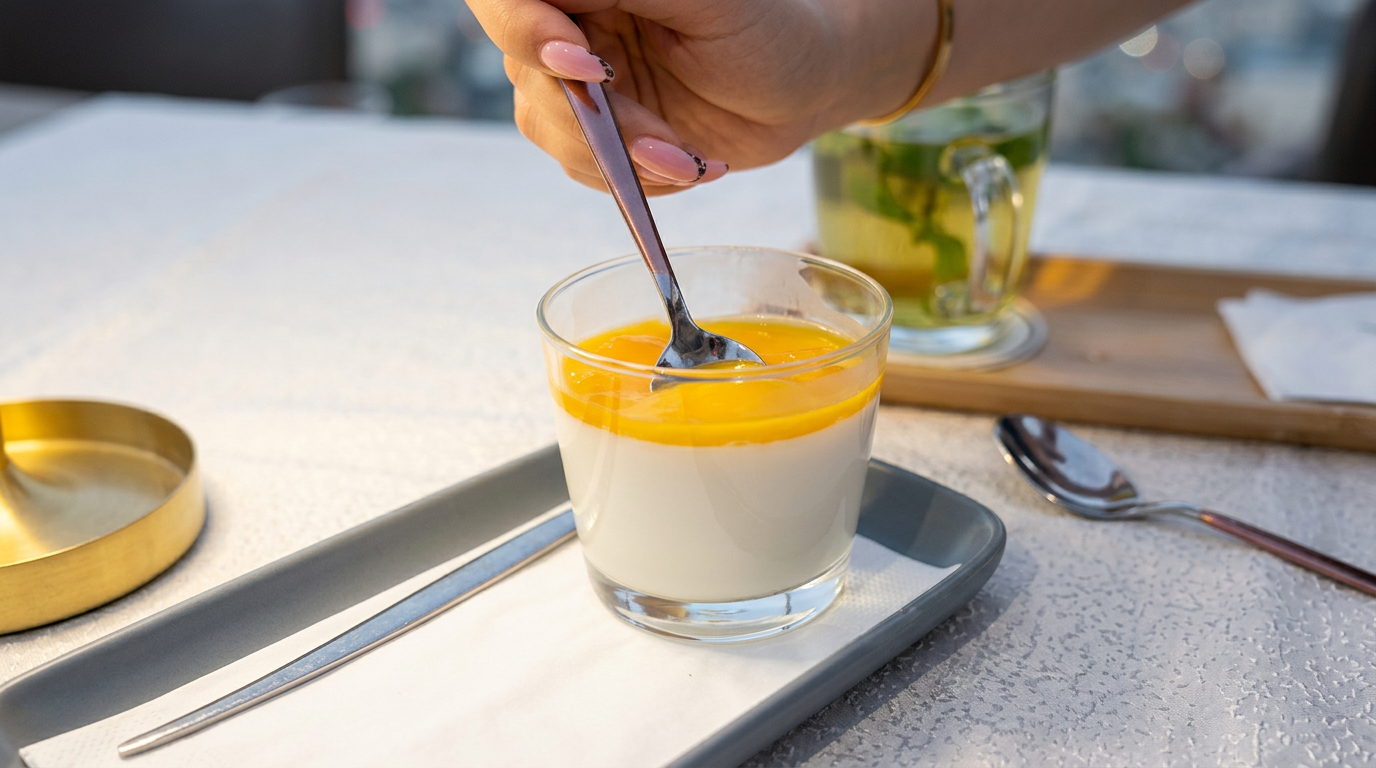 A person adding a scoop of mango or peach topping to a panna cotta dessert with a spoon in a clear glass, on a tray with a golden container and a spoon, with a cup of herbal tea in the background.
