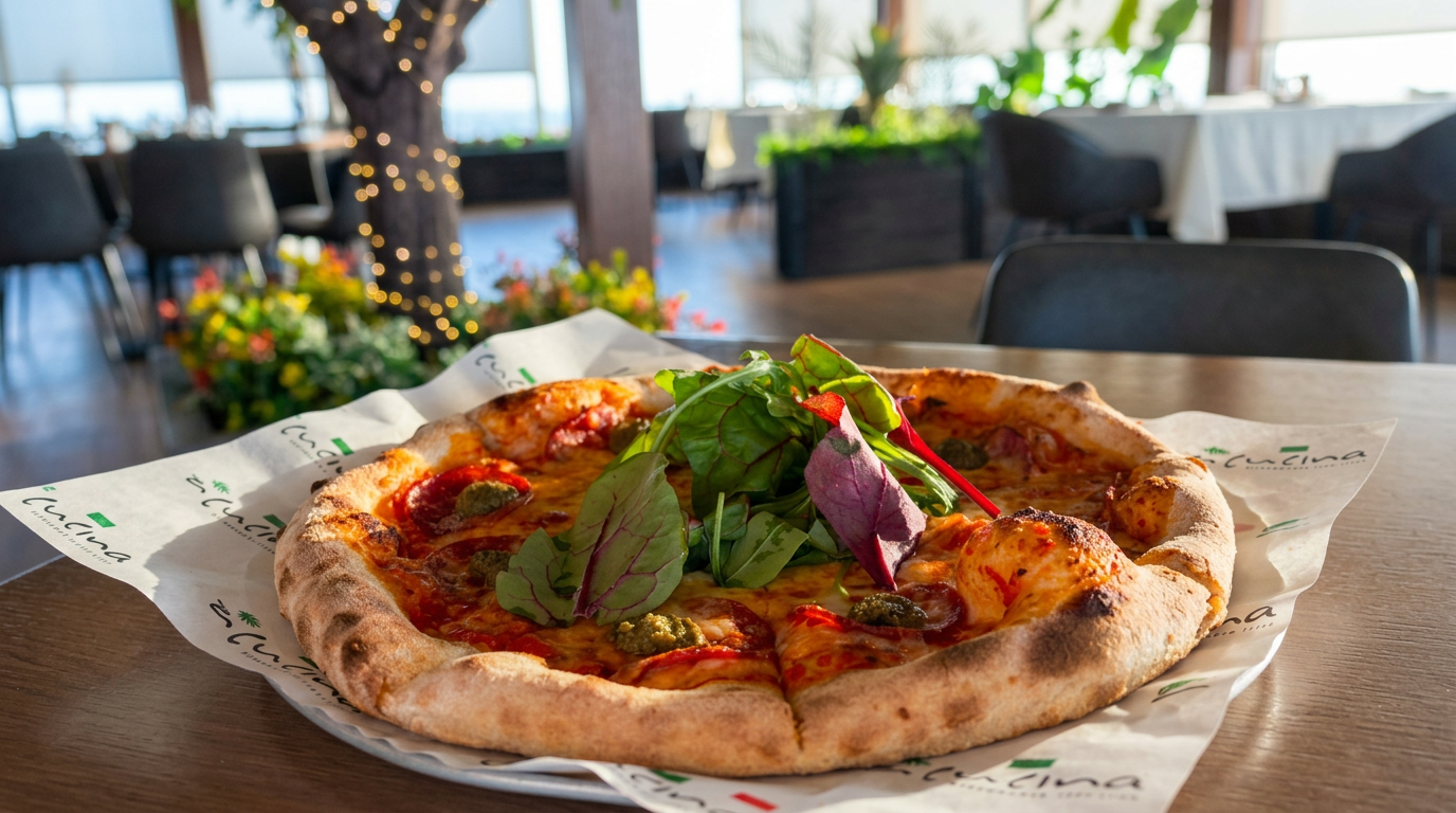 A pizza with cheese, pepperoni, and vegetables on a white paper liner, topped with fresh greens, on a wooden table in a restaurant setting.