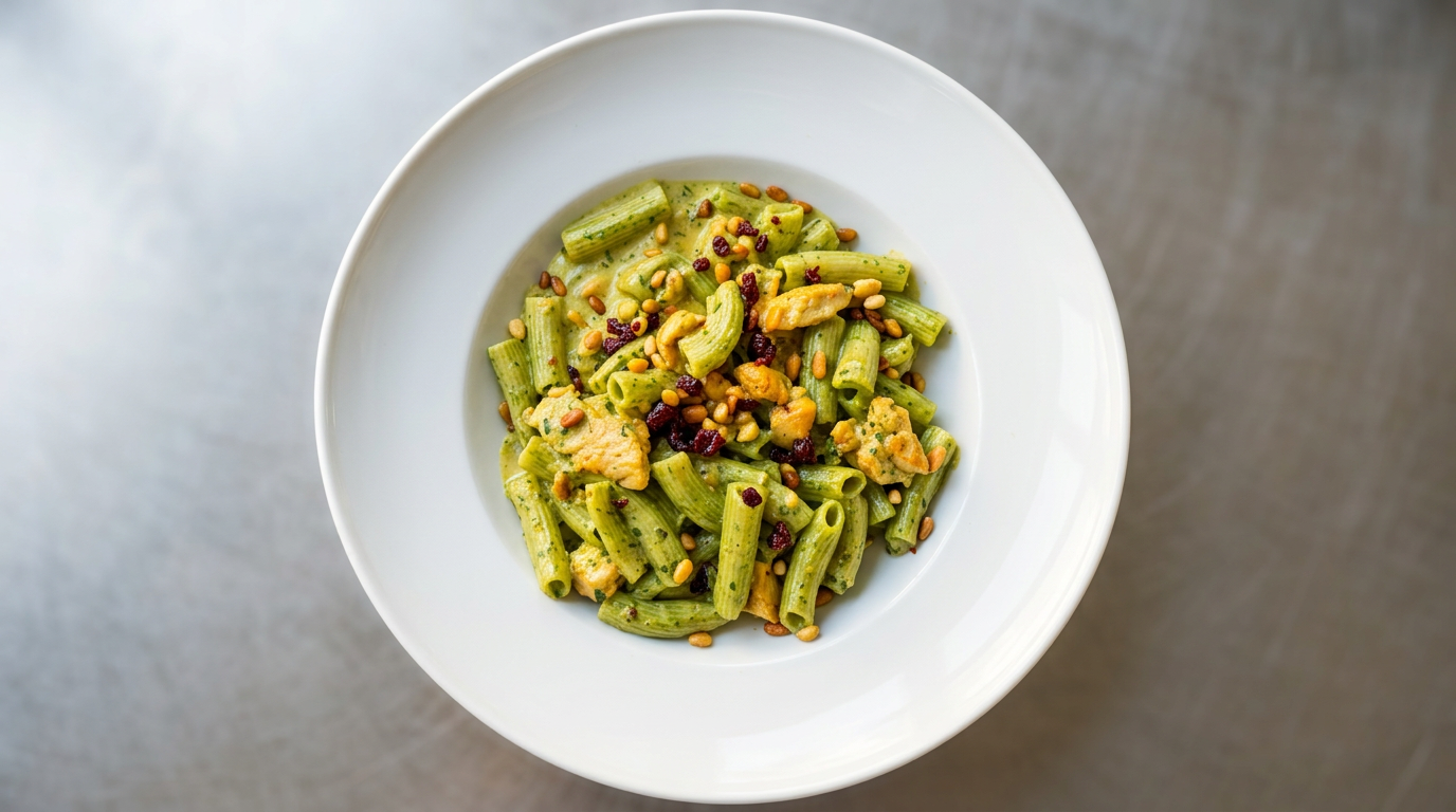 A white bowl filled with green pasta, topped with crushed nuts and dried berries.