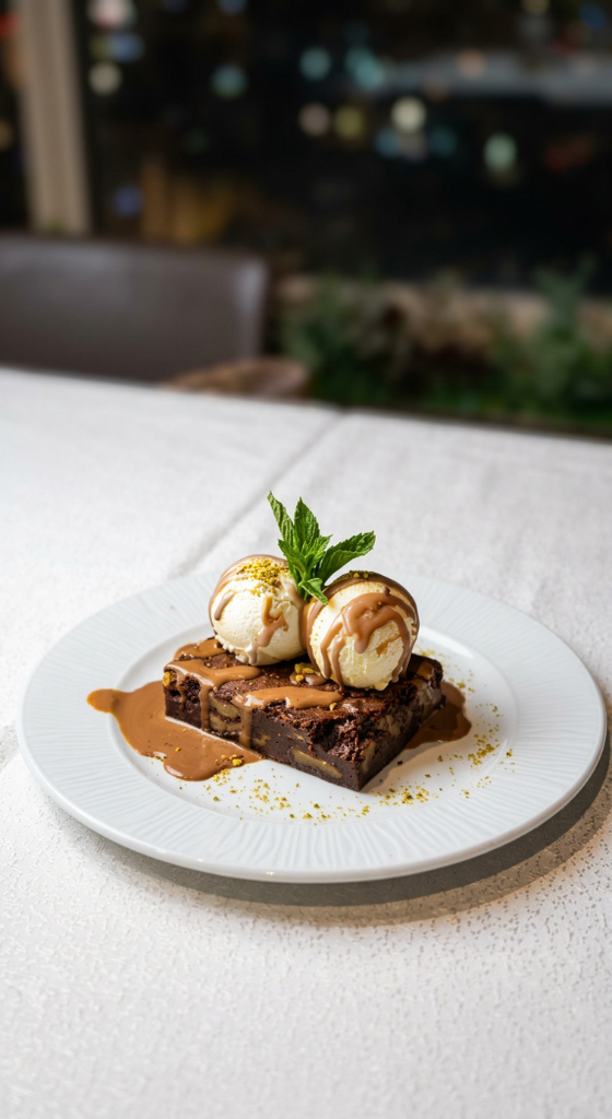 Chocolate brownie topped with vanilla ice cream, caramel sauce, mint leaves, and sprinkled with powdered sugar on a white plate.