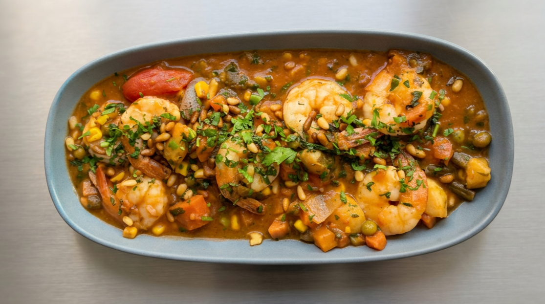 Shrimp and vegetable stew garnished with chopped herbs in an oval dish