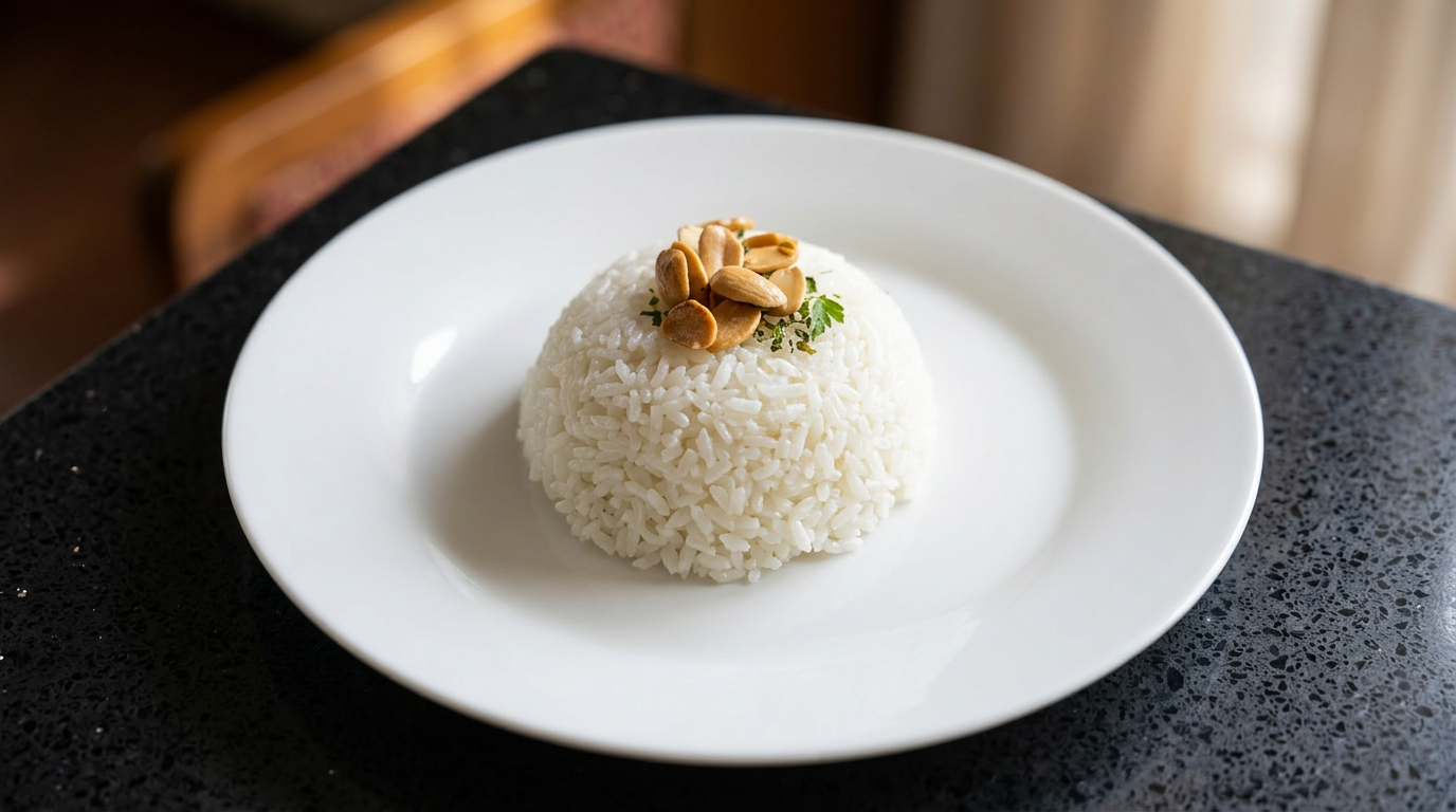 A white plate with a dome-shaped serving of cooked white rice topped with peanuts and a small sprig of cilantro, on a black speckled countertop.
