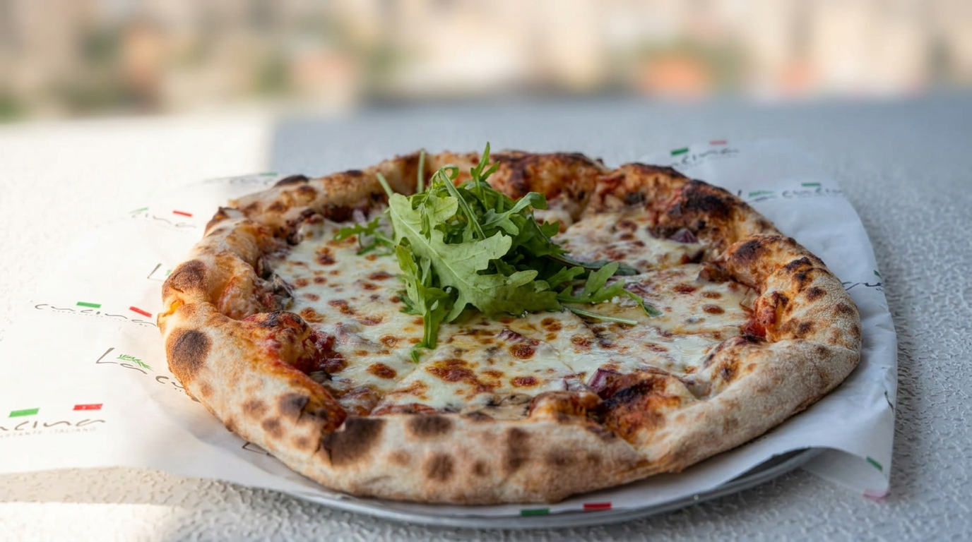 A pizza with cheese, tomato sauce, and arugula on top on a white paper with restaurant logo, on a textured table outdoors.