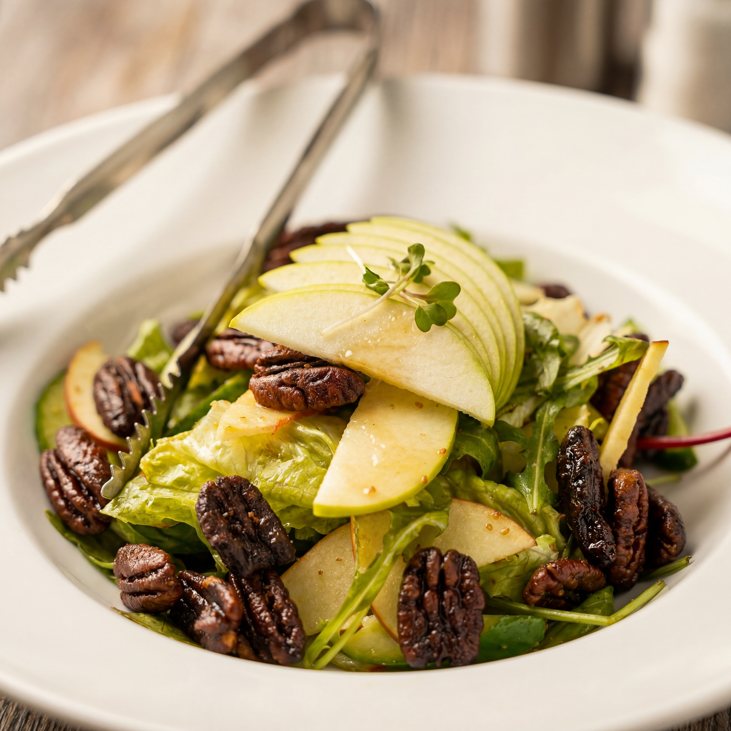 A bowl of salad with sliced green apples, microgreens, pecans, and dried cranberries.