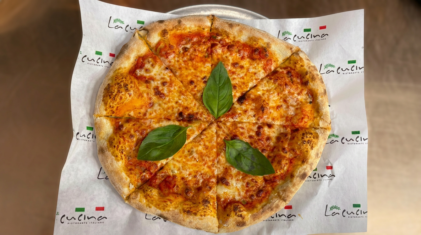 A cheese pizza garnished with three fresh basil leaves, served on paper with green and red restaurant branding.
