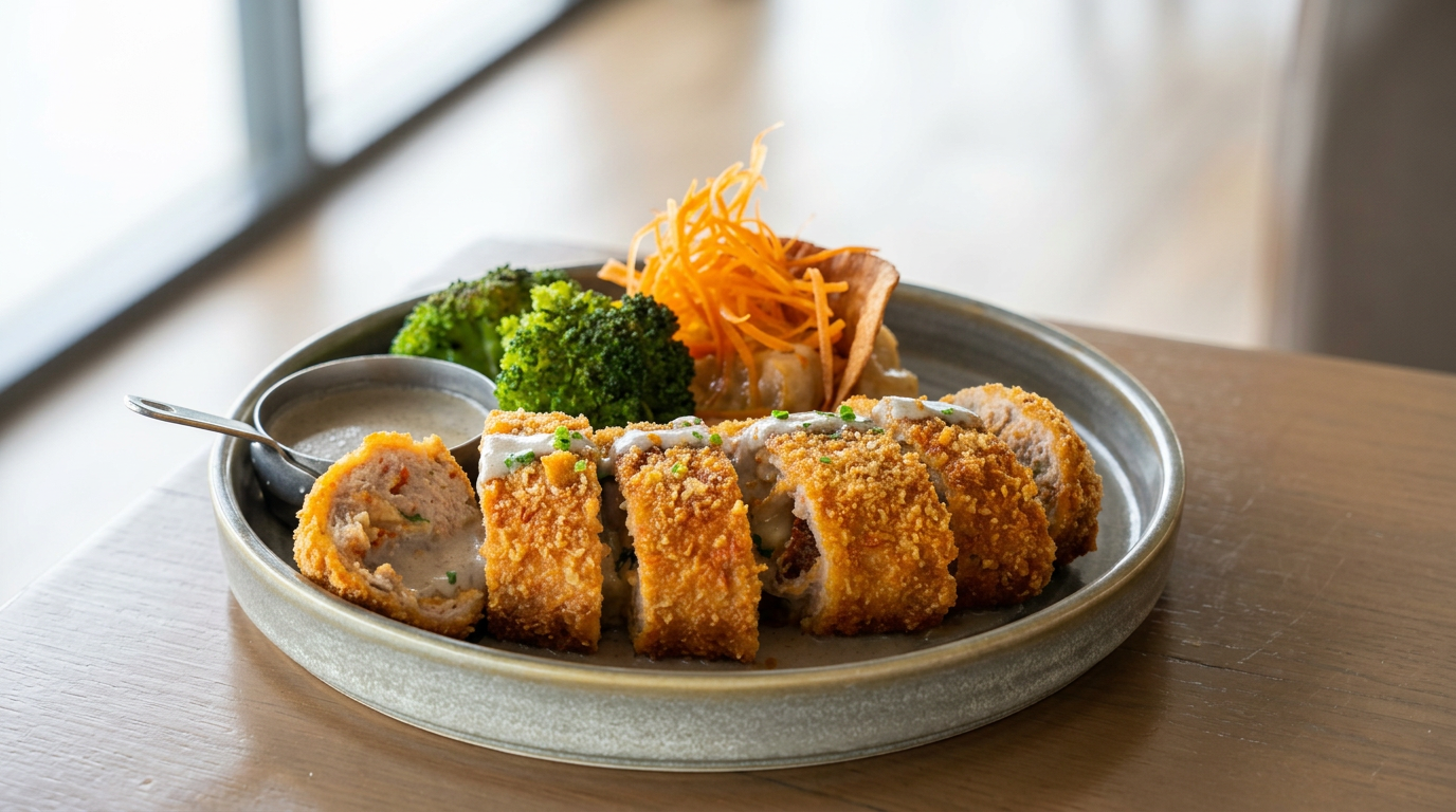 Fried appetizer with a dipping sauce, served with broccoli, shredded carrots, and vegetable chips on a gray ceramic plate