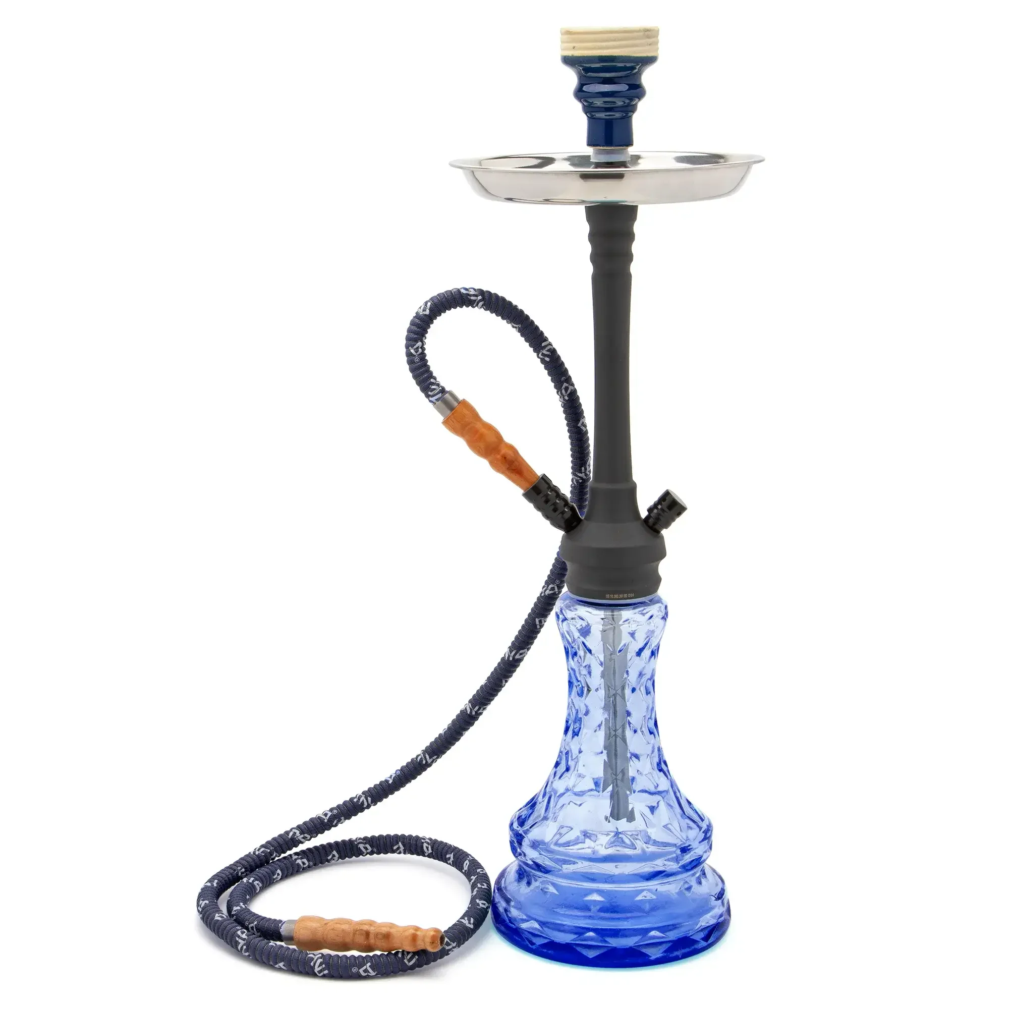 A hookah with a blue glass base, black stem, silver tray, and a coiled hose with a wooden handle.