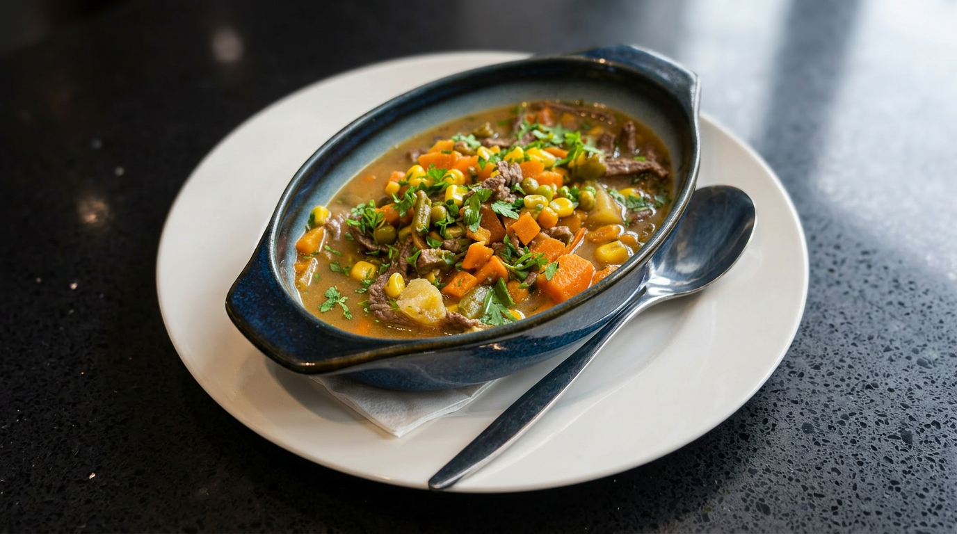 A bowl of beef stew with carrots, green beans, corn, and potatoes, garnished with parsley, served on a white plate with a metal spoon on a dark countertop.