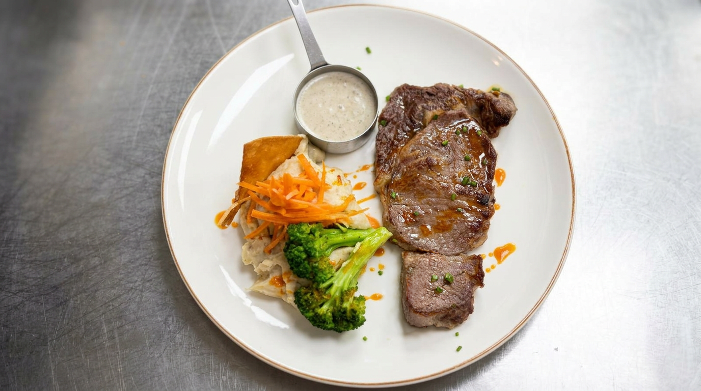A plate with two pieces of cooked steak, a serving of mashed potatoes with shredded carrots, broccoli, and a small cup of creamy sauce.