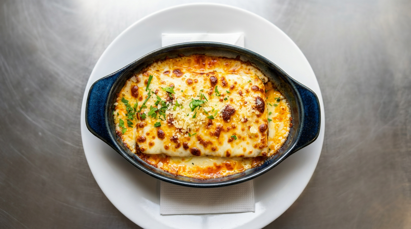 Baked lasagna in a black dish with melted cheese, garnished with chopped herbs, served on a white plate.