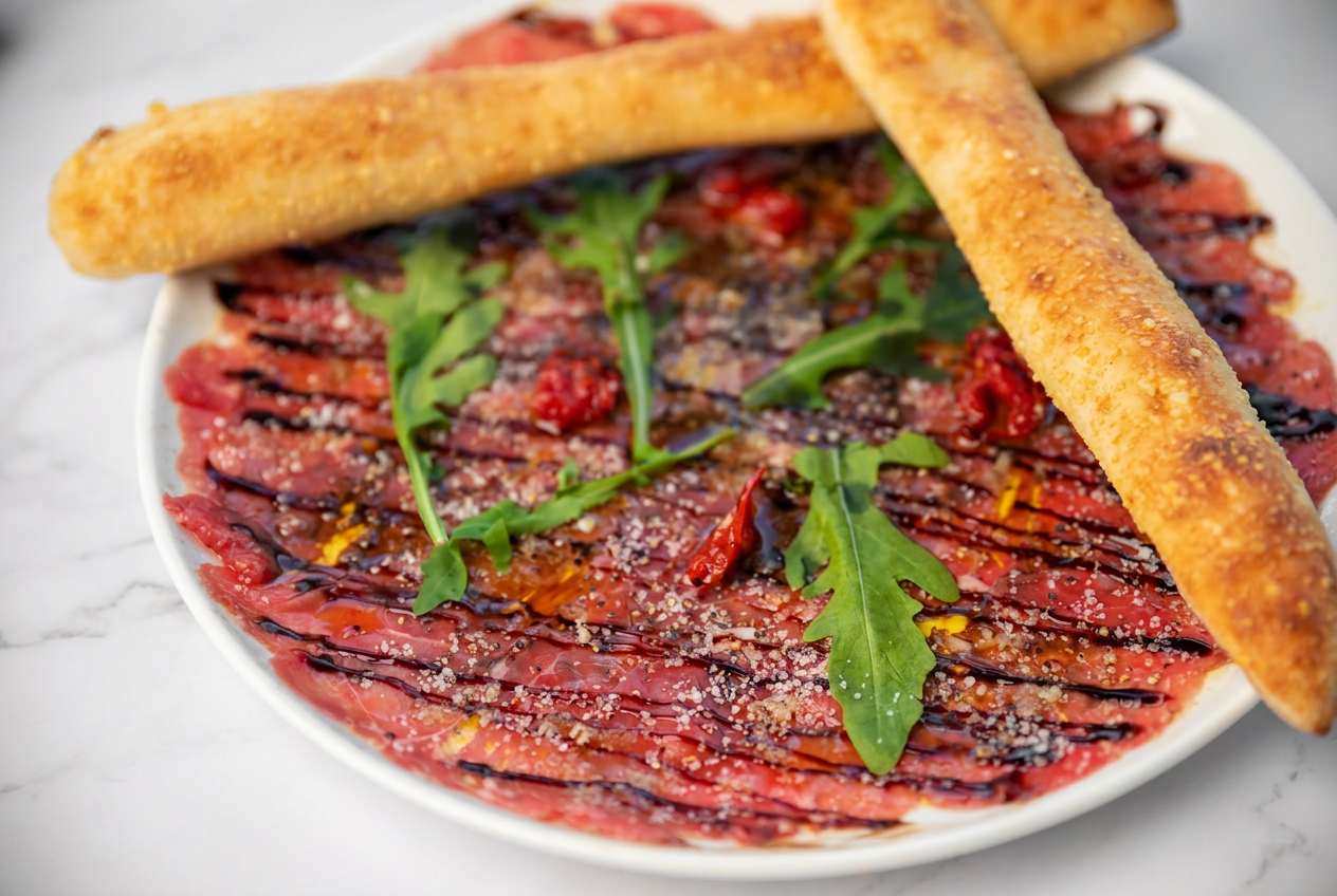 A plate of beef carpaccio garnished with arugula leaves, grated cheese, and drizzled with balsamic glaze, accompanied by two breadsticks.