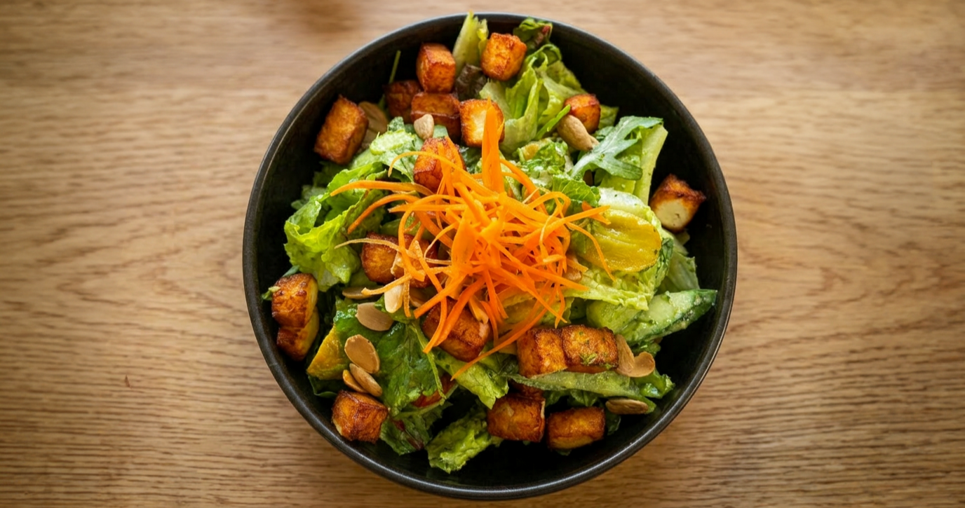 Salad with lettuce, avocado, shredded carrots, roasted tofu, sunflower seeds, and sliced almonds in a black bowl on a wooden surface.