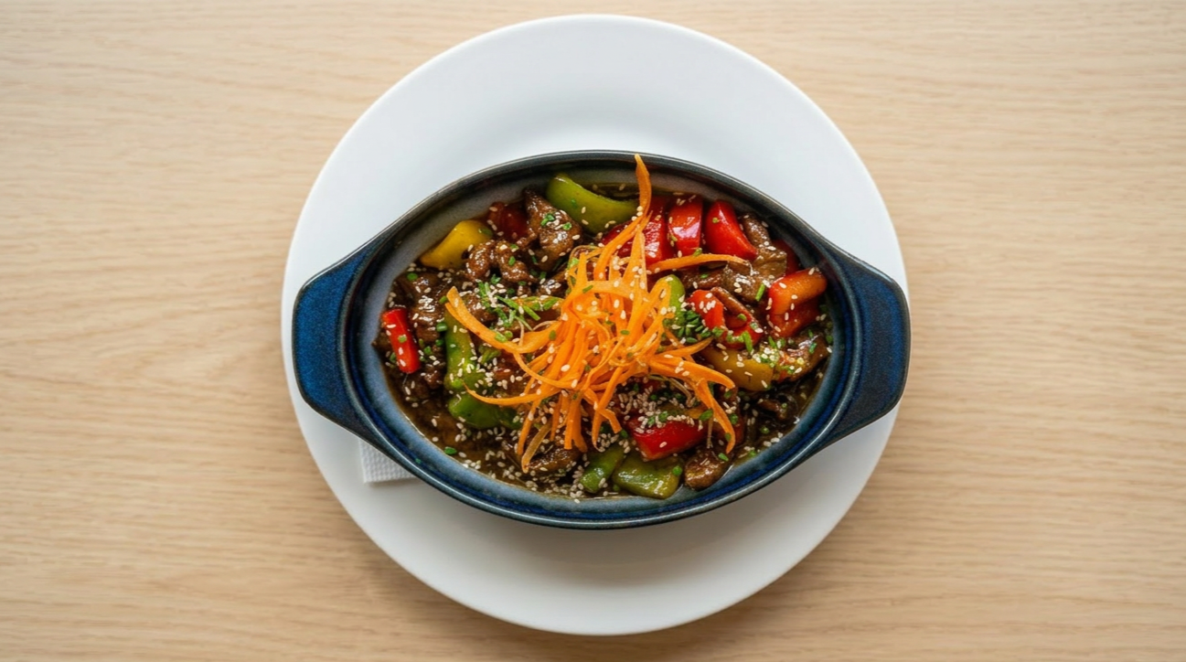 A bowl of stir-fried vegetables with carrots, bell peppers, and sesame seeds on top, served on a white plate on a wooden table.