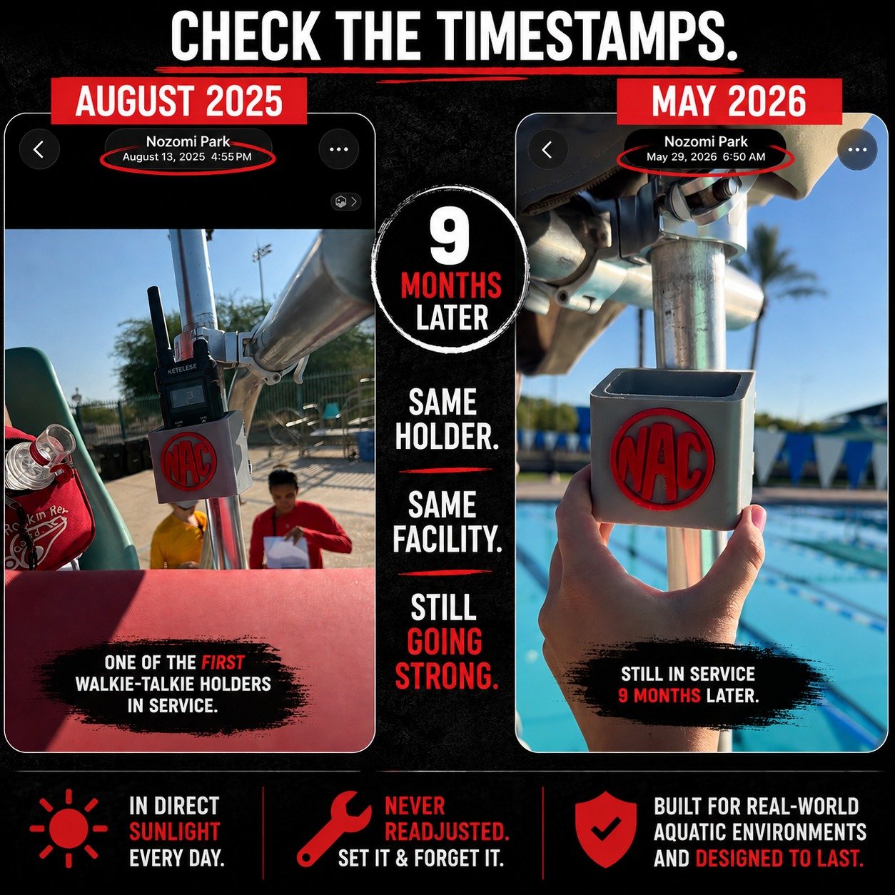Check the timestamps 👀

August 2025 ➡️ May 2026

The photos show the same walkie-talkie holder at the same facility after 9 months in direct Arizona sunlight.

☀️ 110&deg;F+ temperatures
✅ Never readjusted
✅ No maintenance
✅ Still rock solid

Even a