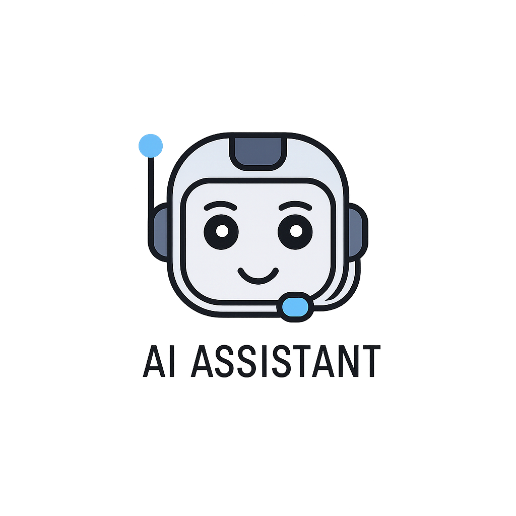 Logo d'un assistant IA représenté par un visage de robot mignon avec un casque et un micro, accompagnée du texte "AI ASSISTANT."