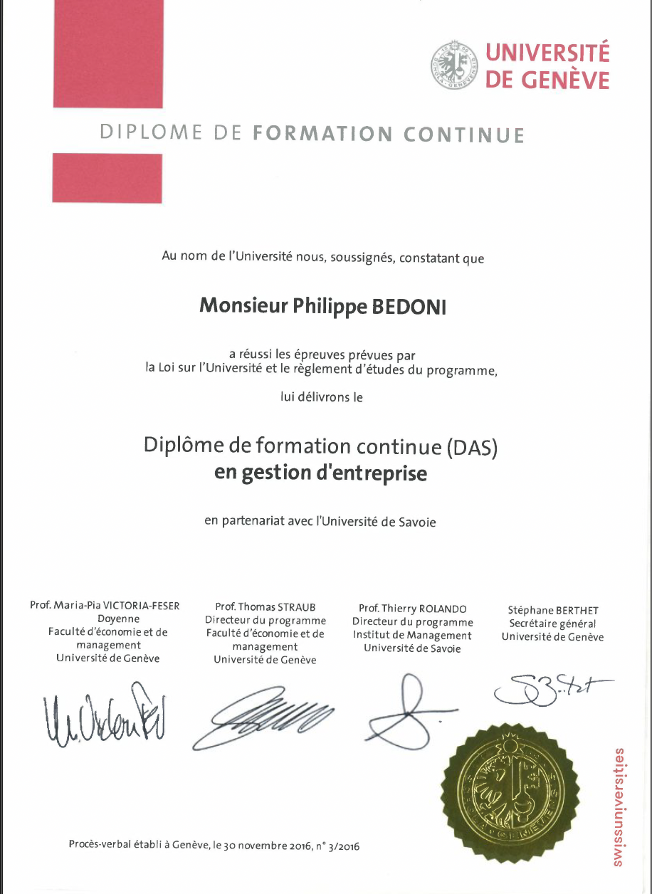 Certificat de formation continue de l'Université de Genève décerné à Monsieur Philippe Bedoni en gestion d'entreprise, avec signatures et sceau officiel.